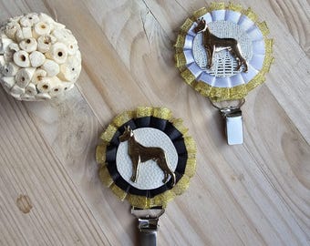 Great Dane number holder, brooch or dog show ring clip, show clip Great Dane, Exhibitor ring number clips, rosettes dog