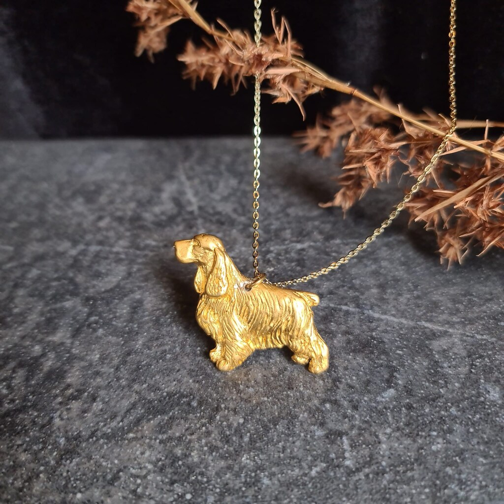 Collana Con Ciondolo Cane Spaniel In Conchiglia Paua (abalone) – Catena Regolabile 45/50 Cm, Argento Placcato Rodio