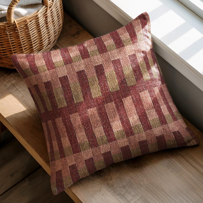 Pu&ograve; includere: Un cuscino quadrato con un motivo geometrico intrecciato nei toni del rosso scuro, oro spento e rosa chiaro. Il tessuto presenta una trama visibile e il design &egrave; composto da blocchi rettangolari verticali ripetuti in una griglia.