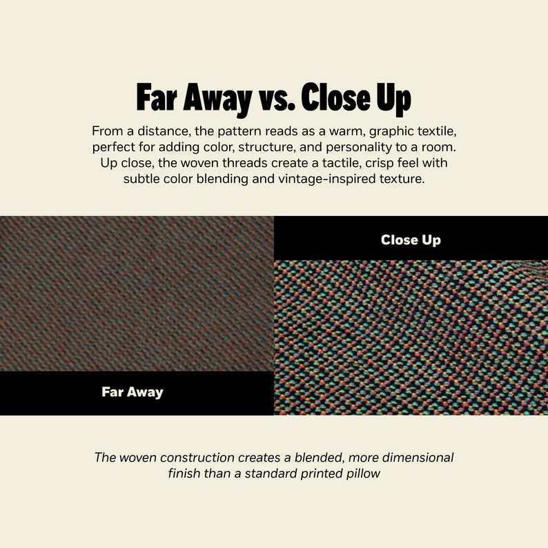 Pu&ograve; includere: Un grafico comparativo intitolato Far Away vs. Close Up che mostra due viste tessili. Il lato sinistro etichettato Far Away mostra un tessuto marrone scuro a tinta unita. Il lato destro etichettato Close Up mostra un tessuto intrecciato multicolore con fili verdi, arancioni e neri.