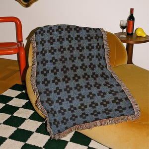 Denim Blue Woven Throw Blanket, Navy Geometric Cross Blanket, Vintage Modern Cotton Throw, Cabin Cottage Couch Blanket