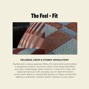 Pu&ograve; includere: Un cuscino decorativo con una trama fitta e un motivo a griglia multicolore nei toni del blu, ruggine e crema. Il testo "The Feel + Fit" e "TAILORED, CRISP & STURDY UPHOLSTERY" appare sopra e sotto le due immagini in primo piano.