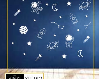 Naklejki ścienne z motywem astronauty | Naklejki z motywem kosmicznym | Naklejki ścienne z winylu | Sztuka ścienna z winylu | Matowe wykończenie | Różne kolory