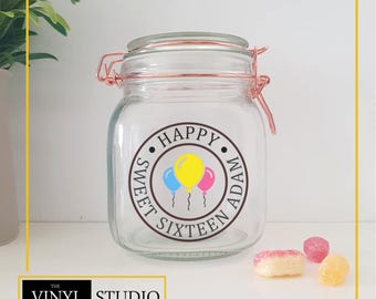 Gepersonaliseerde sticker Sweet 16th Jar | Aangepast snoeplabel | Matte afwerking | Diverse kleuren | Verschillende maten
