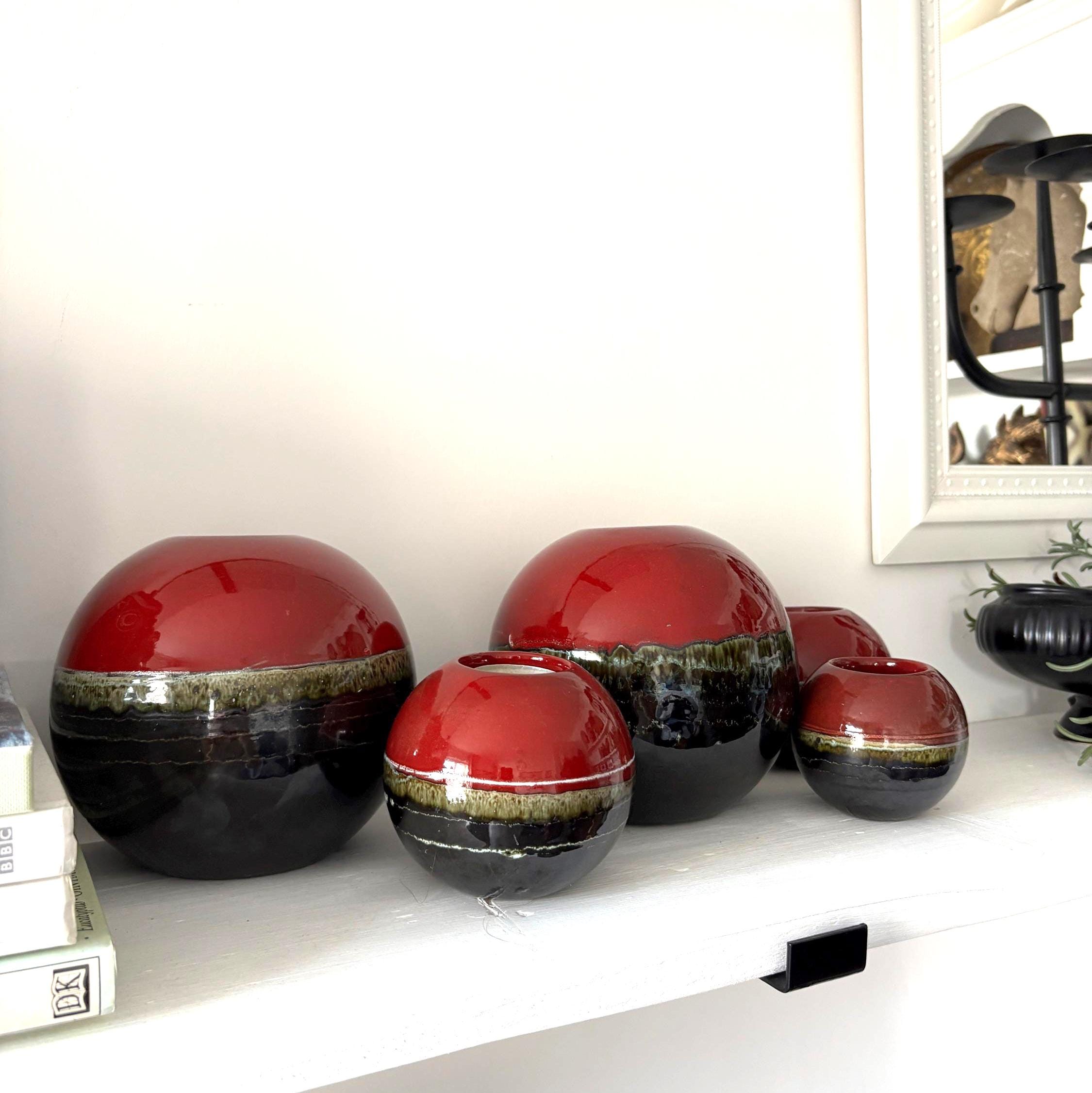 Vintage Portuguese Ceramic Candle Burners Set of 5 Red Black Glazed Tea-light Holders