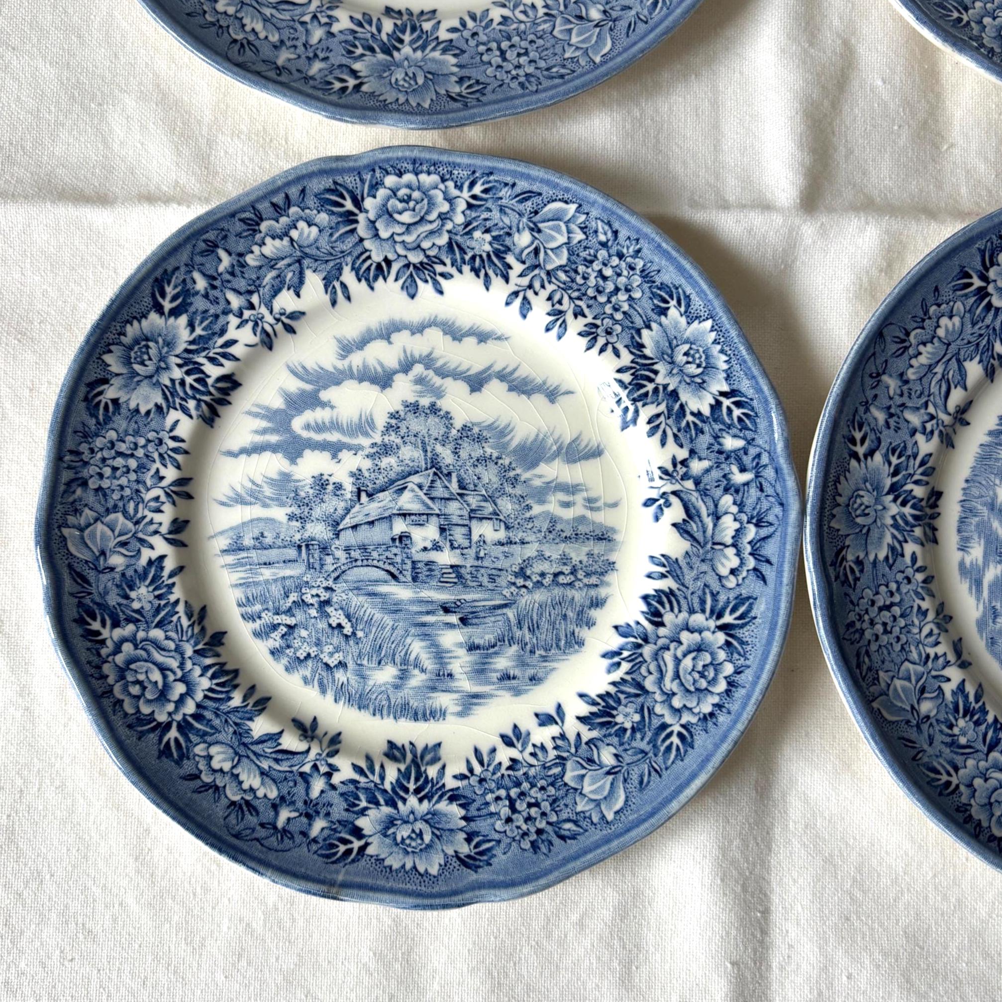 Vintage Colonial Village Tea Plates Set 4 Blue Staffordshire