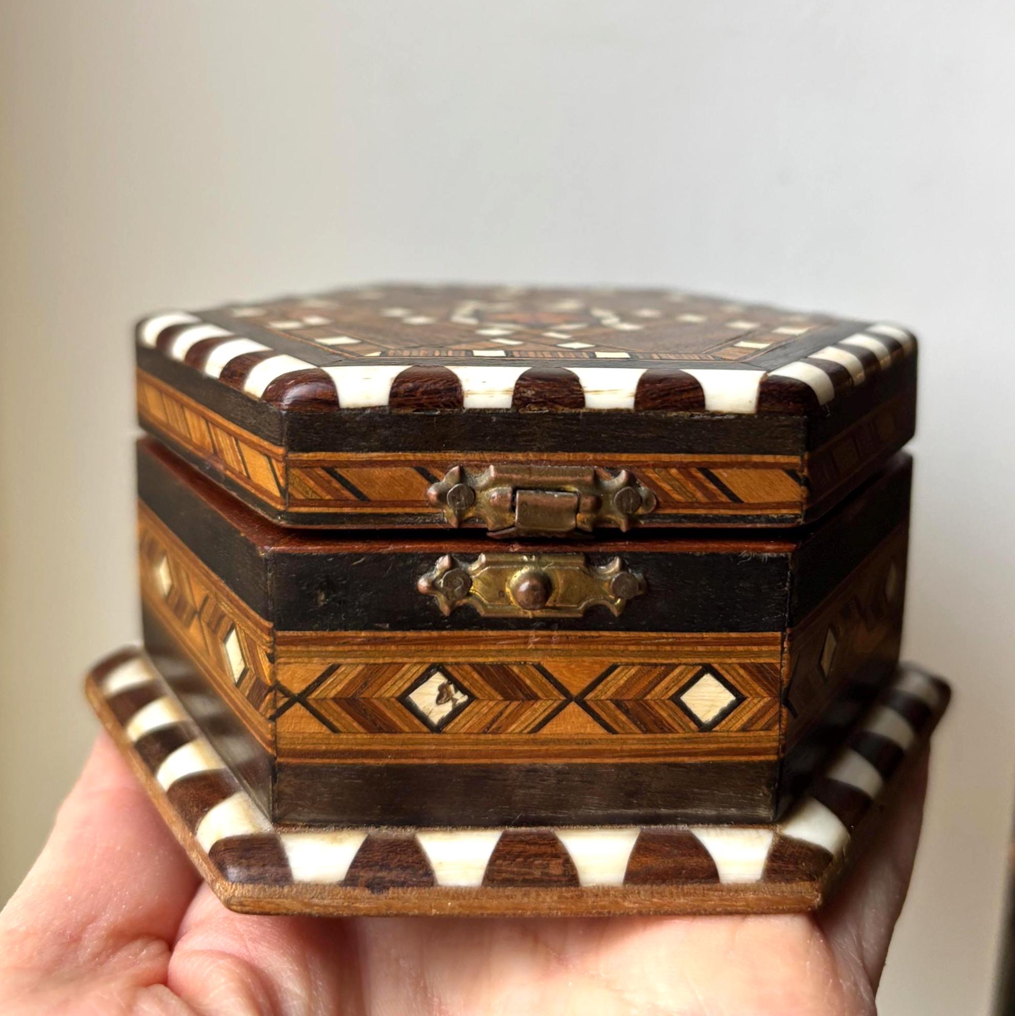 Vintage Spanish Marquetry Jewelry Box Tossa de Mar Costa Brava Wood Mosaic Hexagon