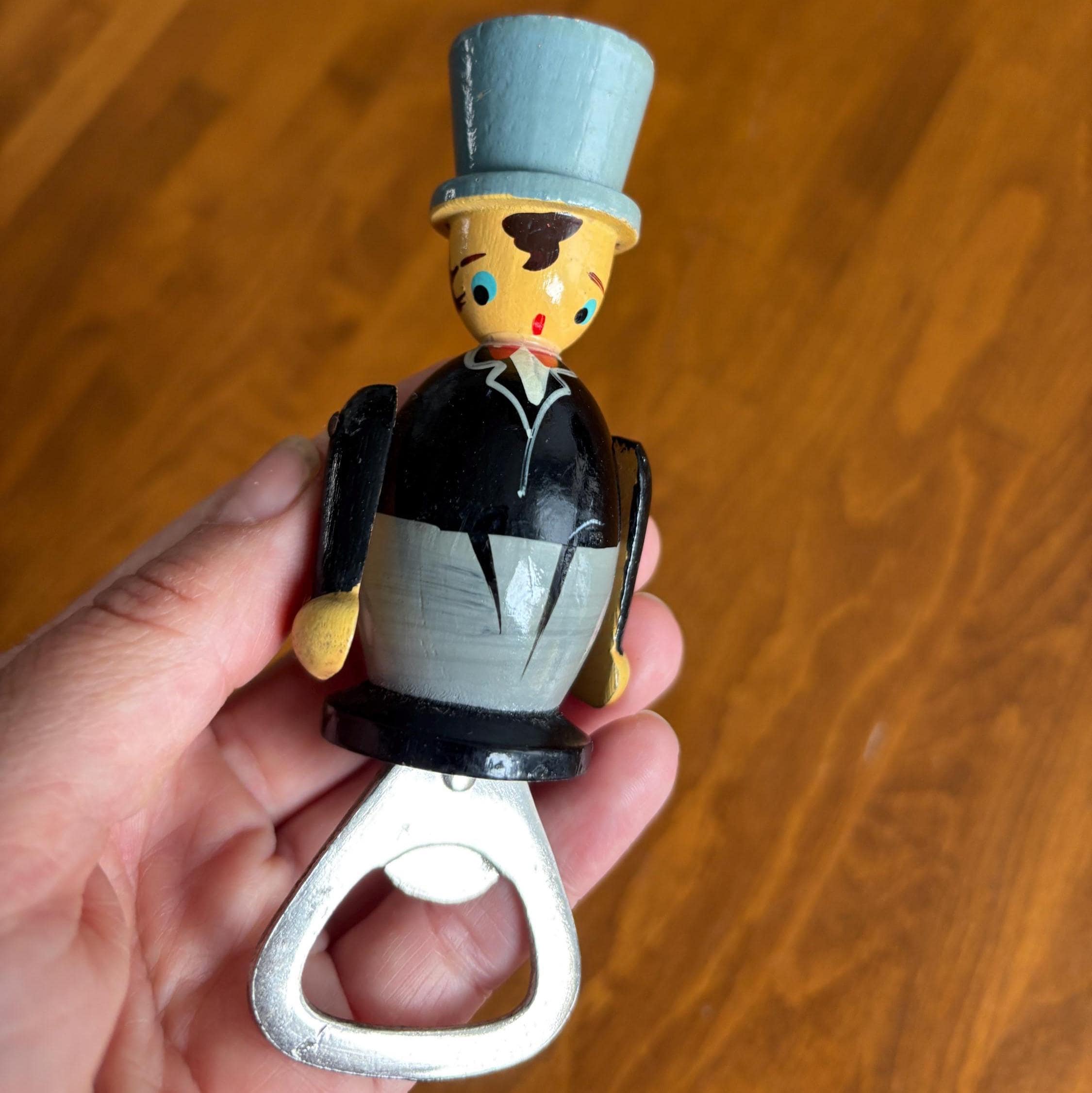 Vintage Wooden Gentleman Bottle Opener | Folk Art Top Hat Barware
