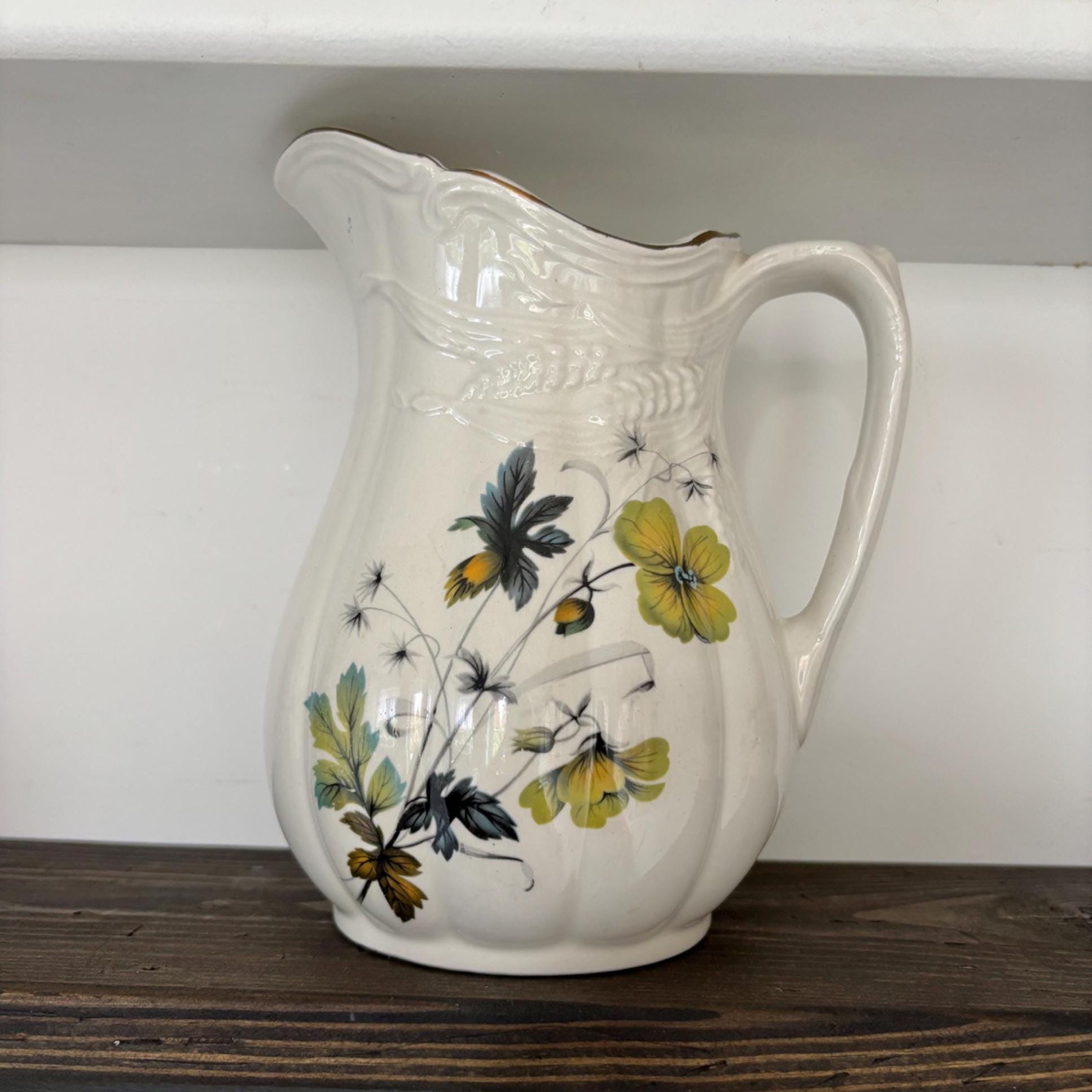 Vintage Royal Crownford Ironstone Pitcher: Yellow Floral & Wheat Design