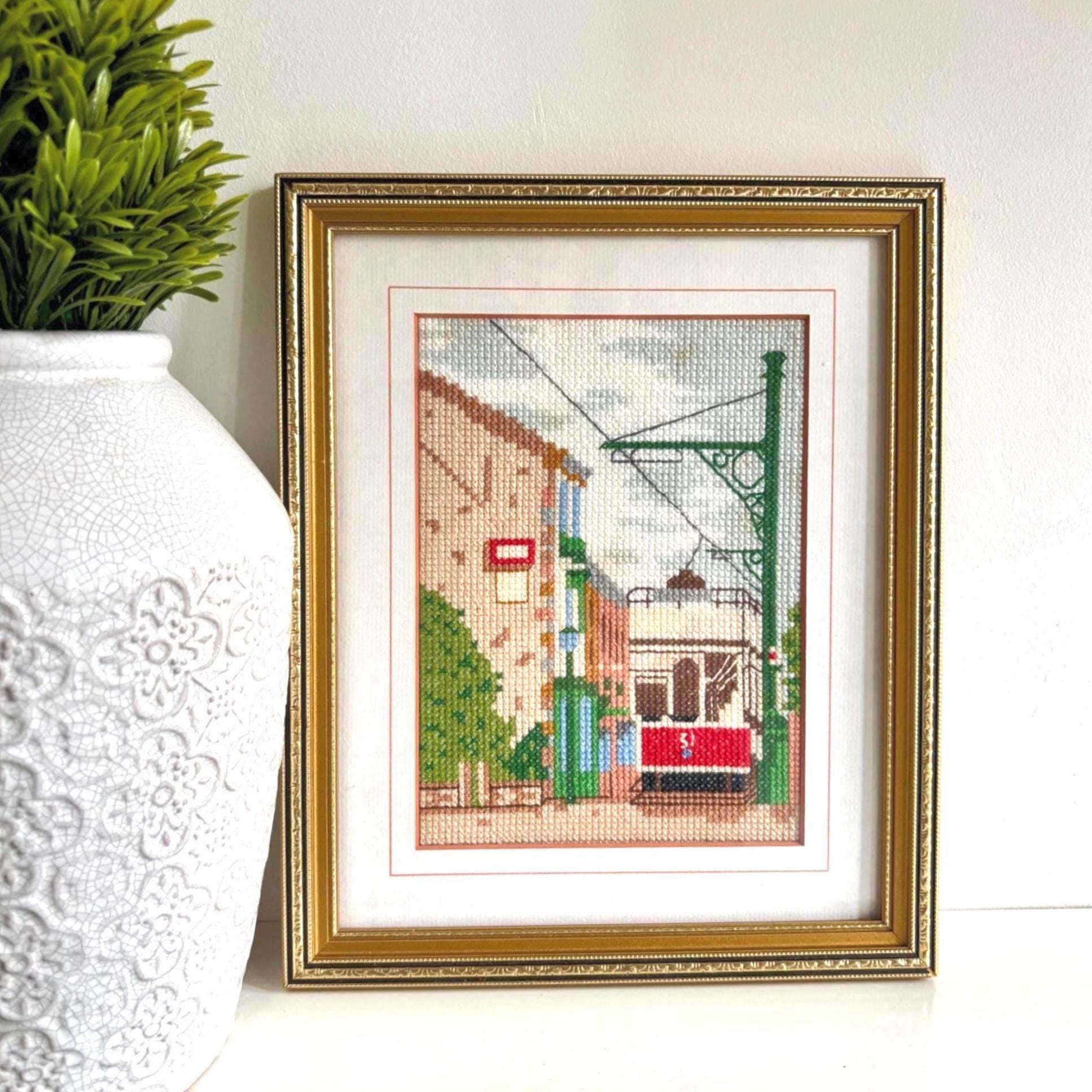 Vintage Framed Cross Stitch: Beamish Tram Embroidery Wall Art