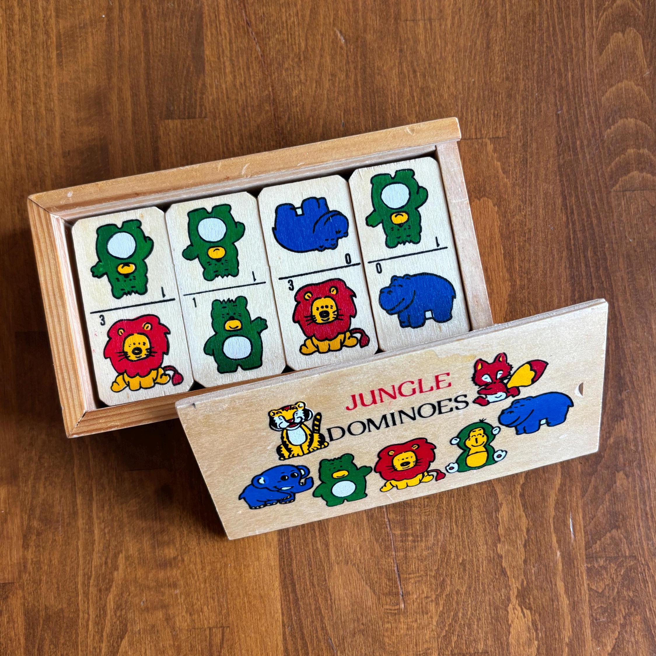 Vintage Wooden Jungle Dominoes Game | Animal Picture Dominoes in Sliding Box | Children’s Toy