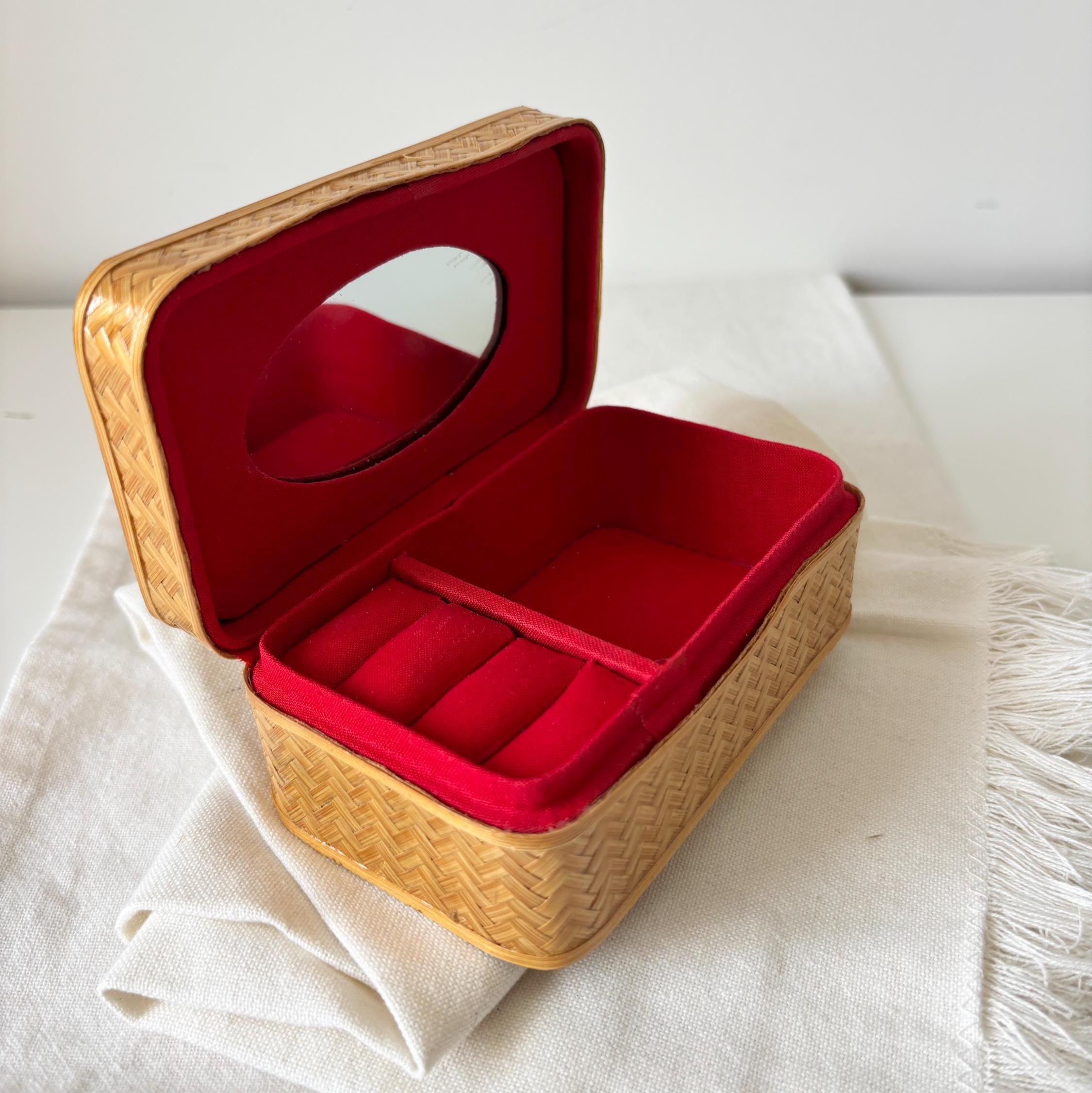 Vintage Chinese Bamboo Jewellery Box Red Velvet Interior Trinket Box With Mirror