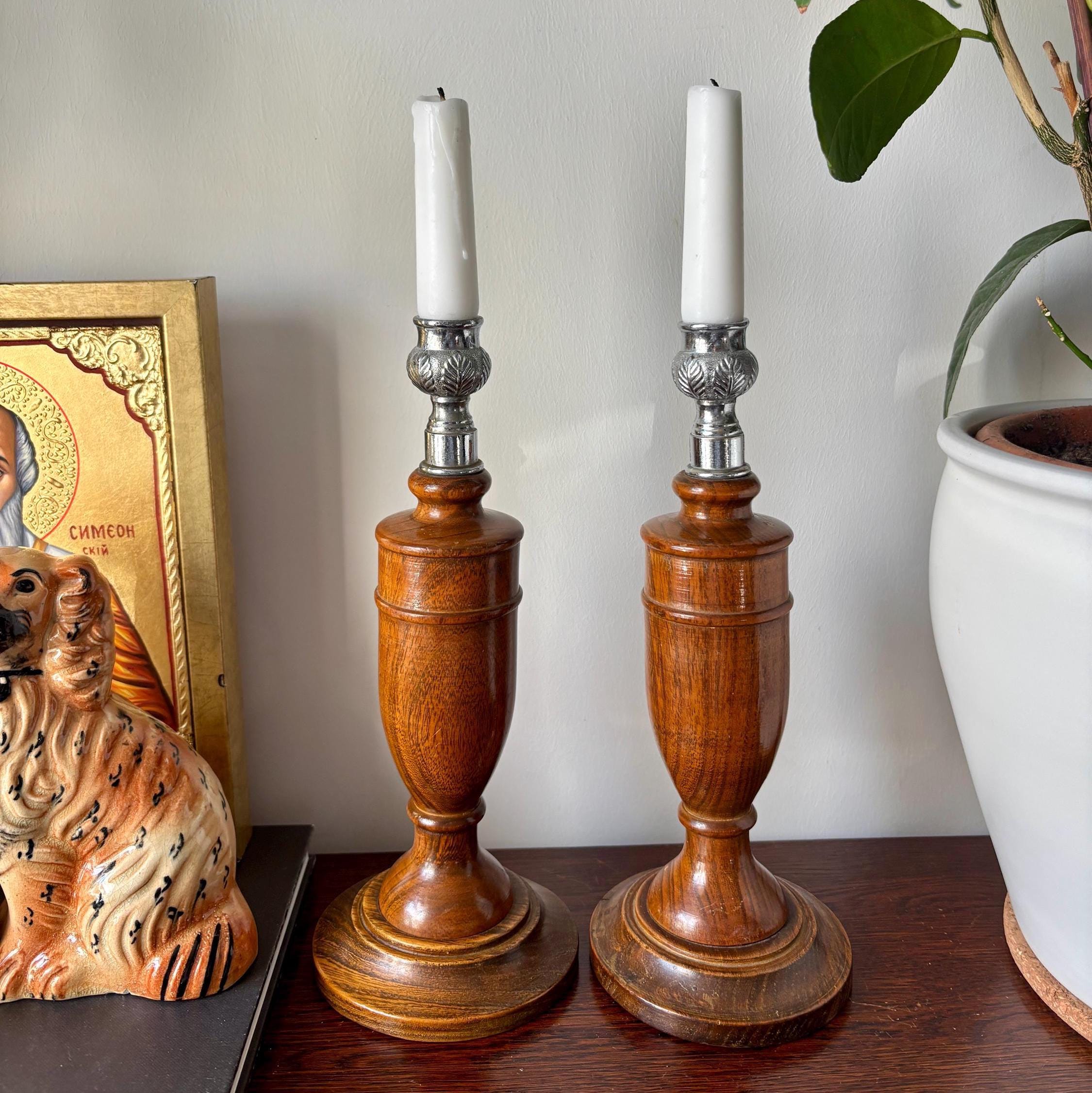 Vintage Wooden Candlesticks Pair, Turned Oak Candle Holders, Silver Tone Leaf Cups, Mantel Decor