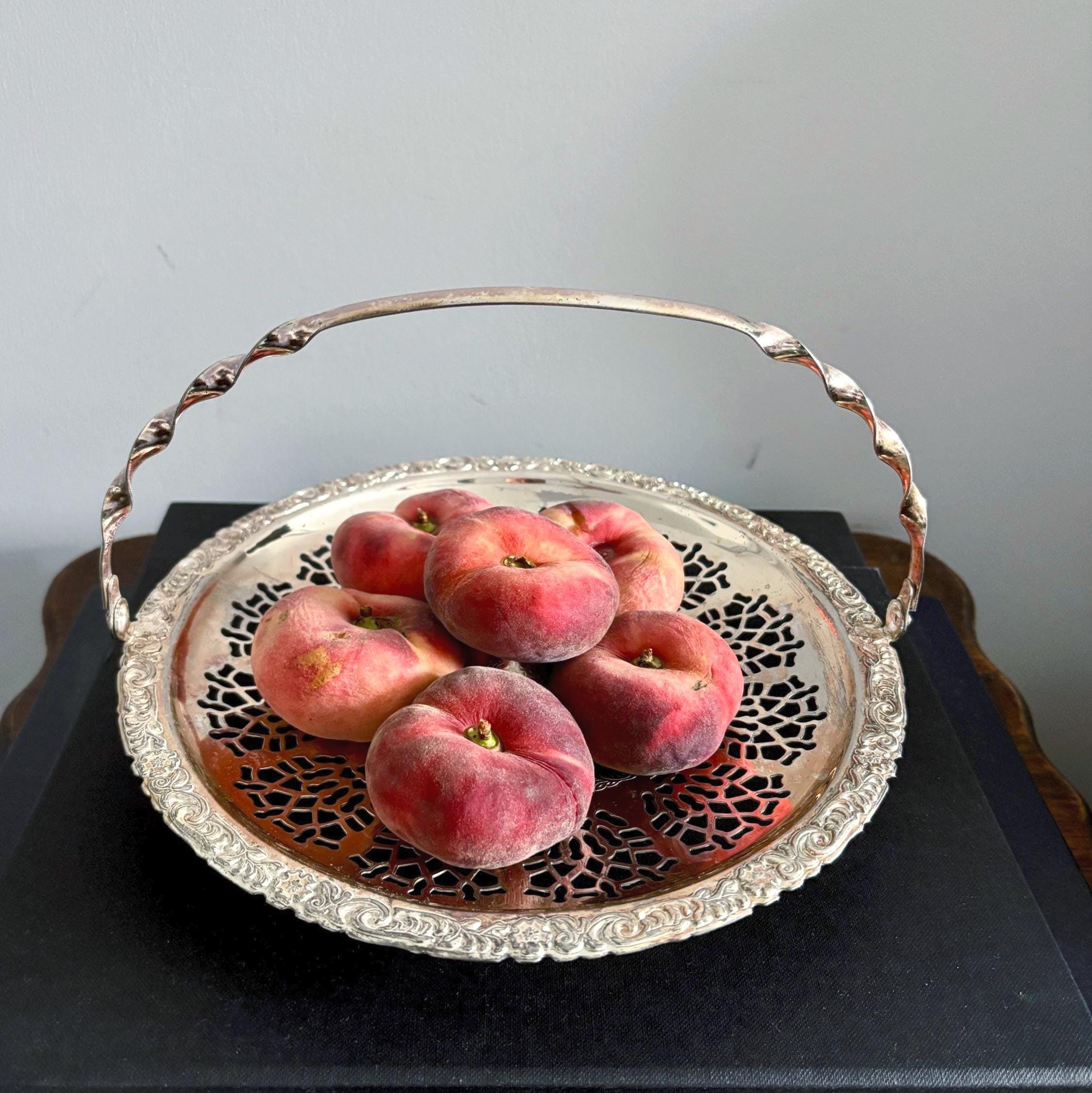 Vintage Silver Plated Pierced Basket Tray with Swing Handle
