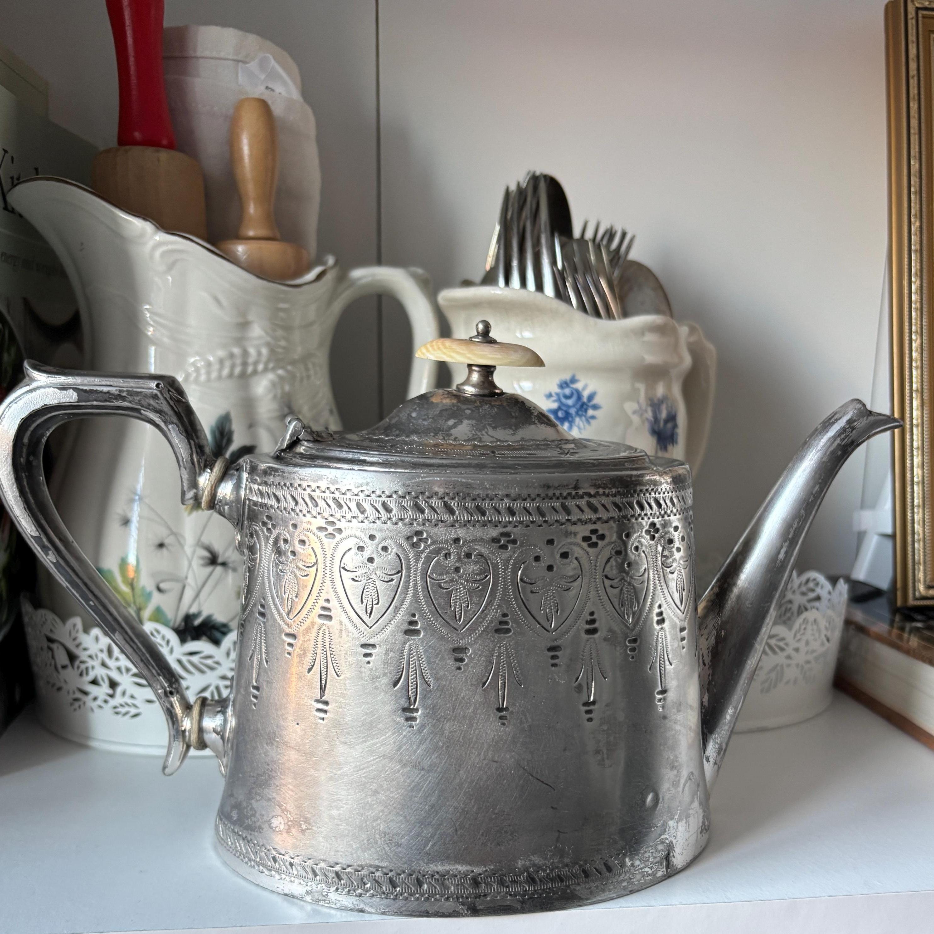 Vintage Silver Plated Teapot: Victorian Engraved Design, Bone Finial