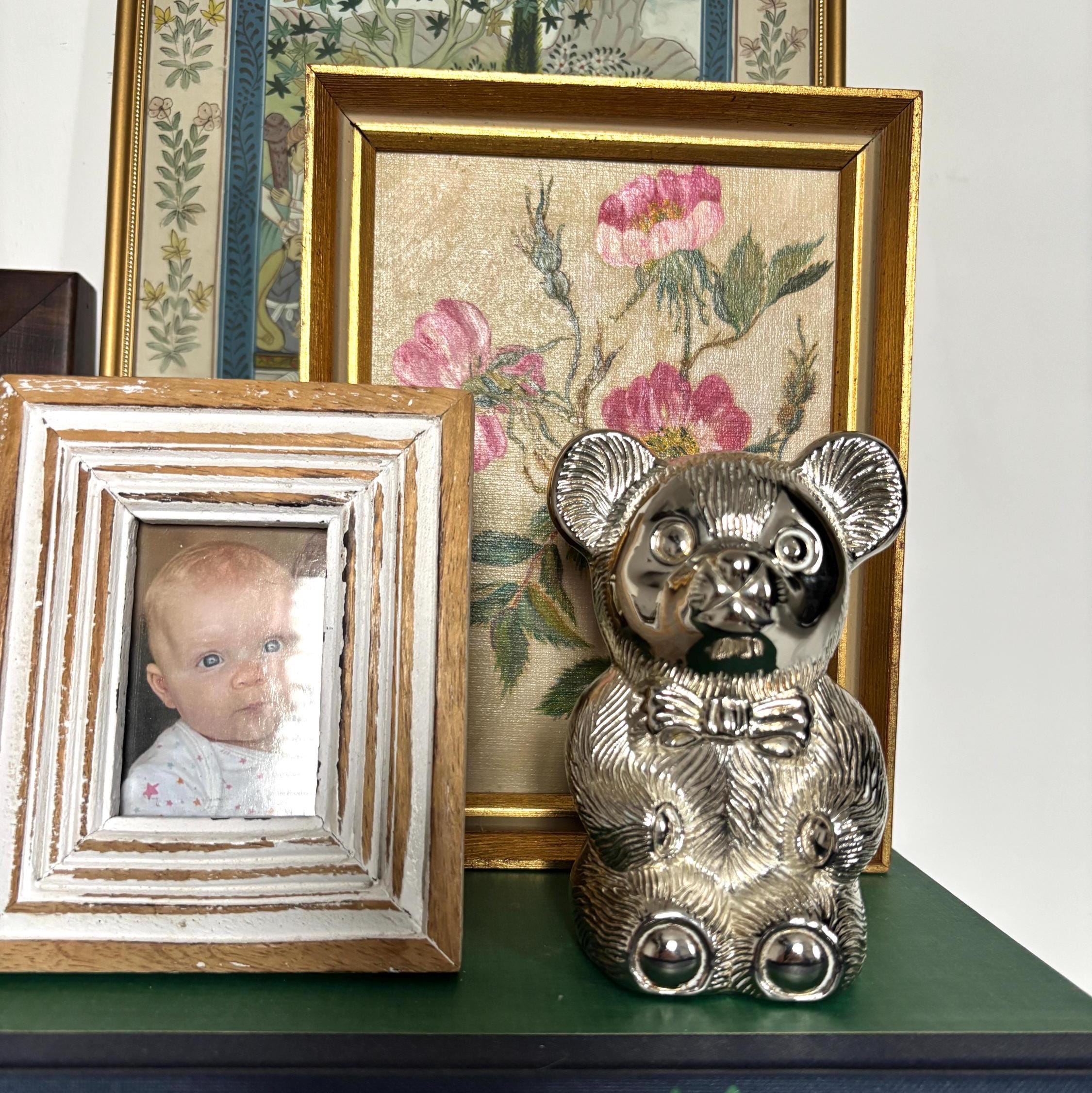 Vintage Silver Plated Teddy Bear Money Box Coin Bank Nursery Decor Baby Gift Keepsake