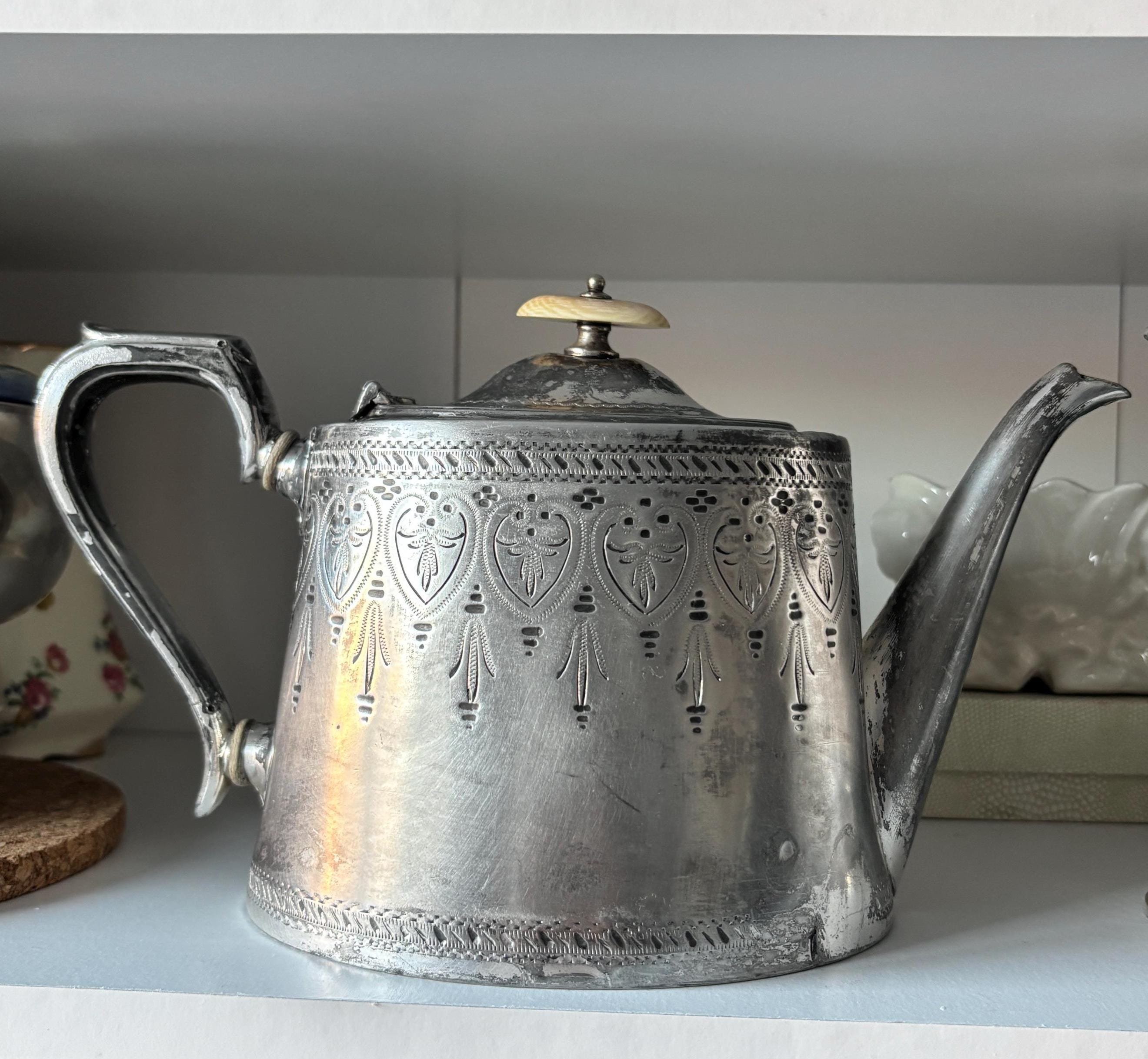 Vintage Silver Plated Teapot: Victorian Engraved Design, Bone Finial