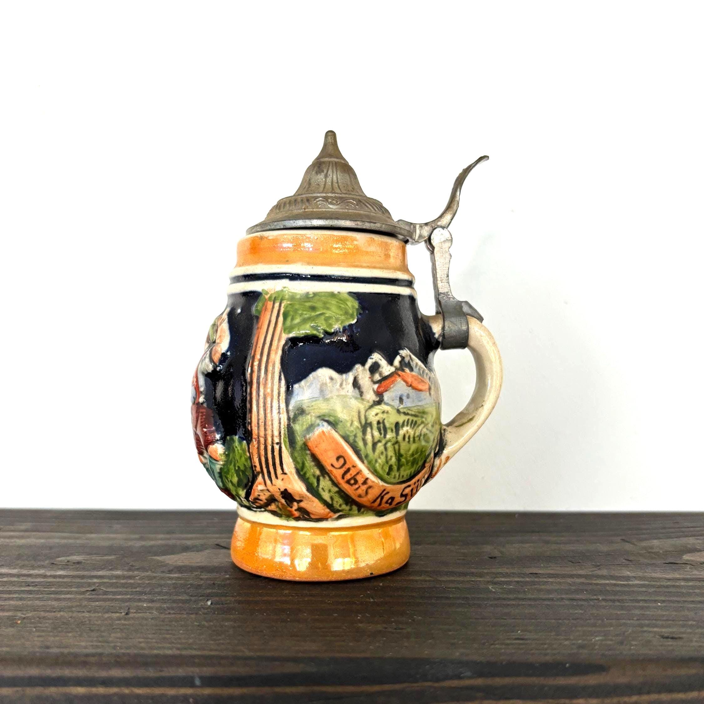 Small Vintage German Beer Stein with Pewter Lid | Hand-Painted Tavern Scene