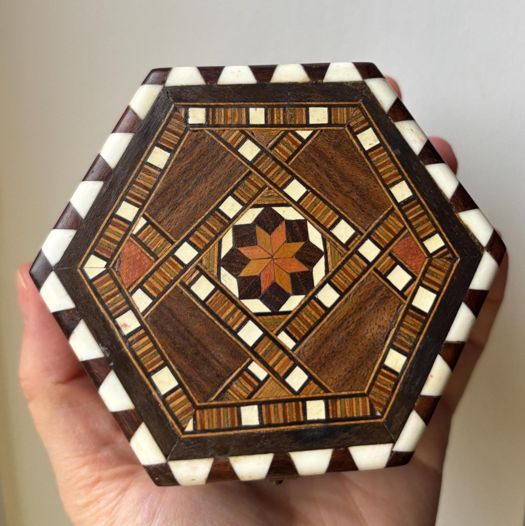 Vintage Spanish Marquetry Jewelry Box Tossa de Mar Costa Brava Wood Mosaic Hexagon