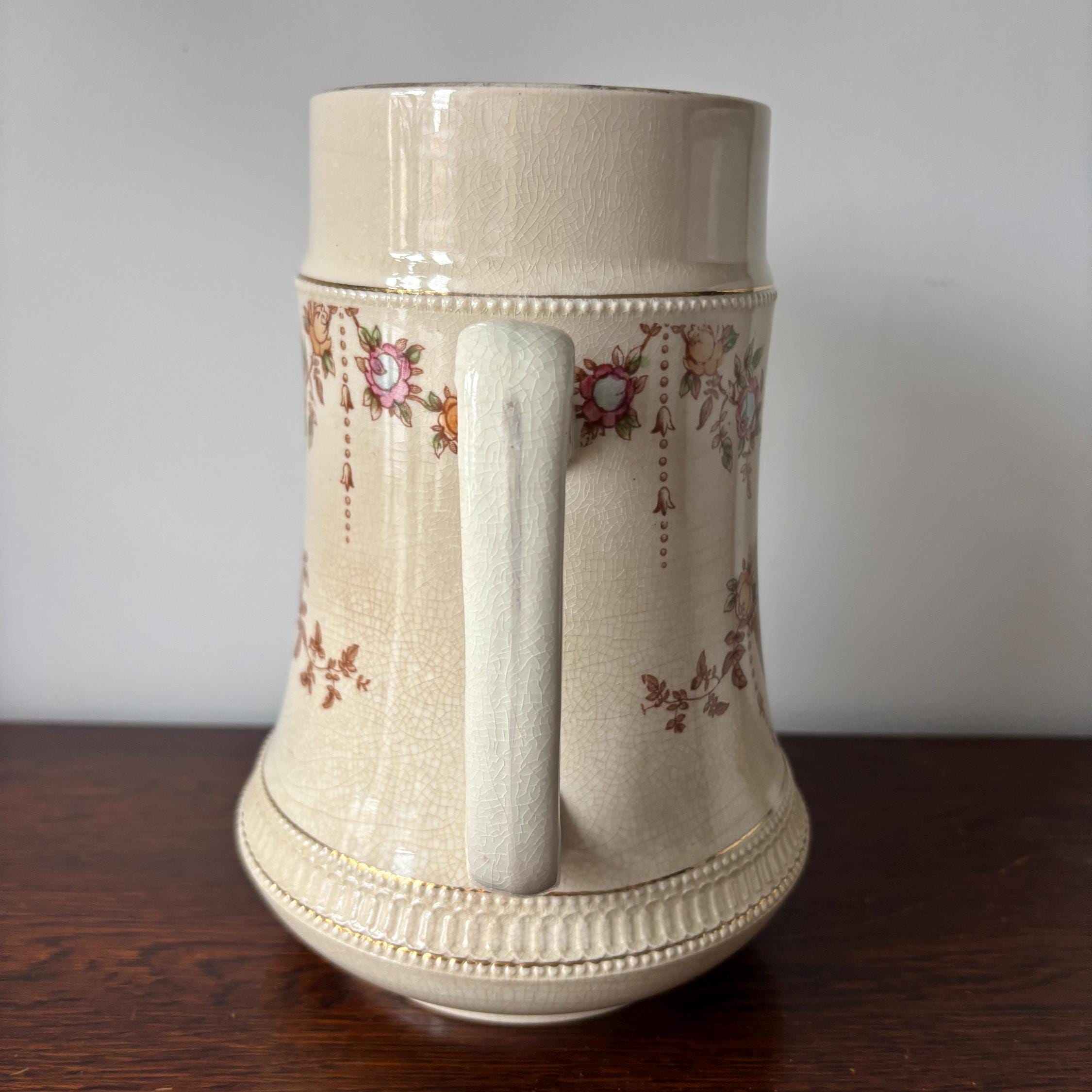 Antique Crown Devon “Etna” Jug Pitcher, Floral Basket, Crackle Glaze, England