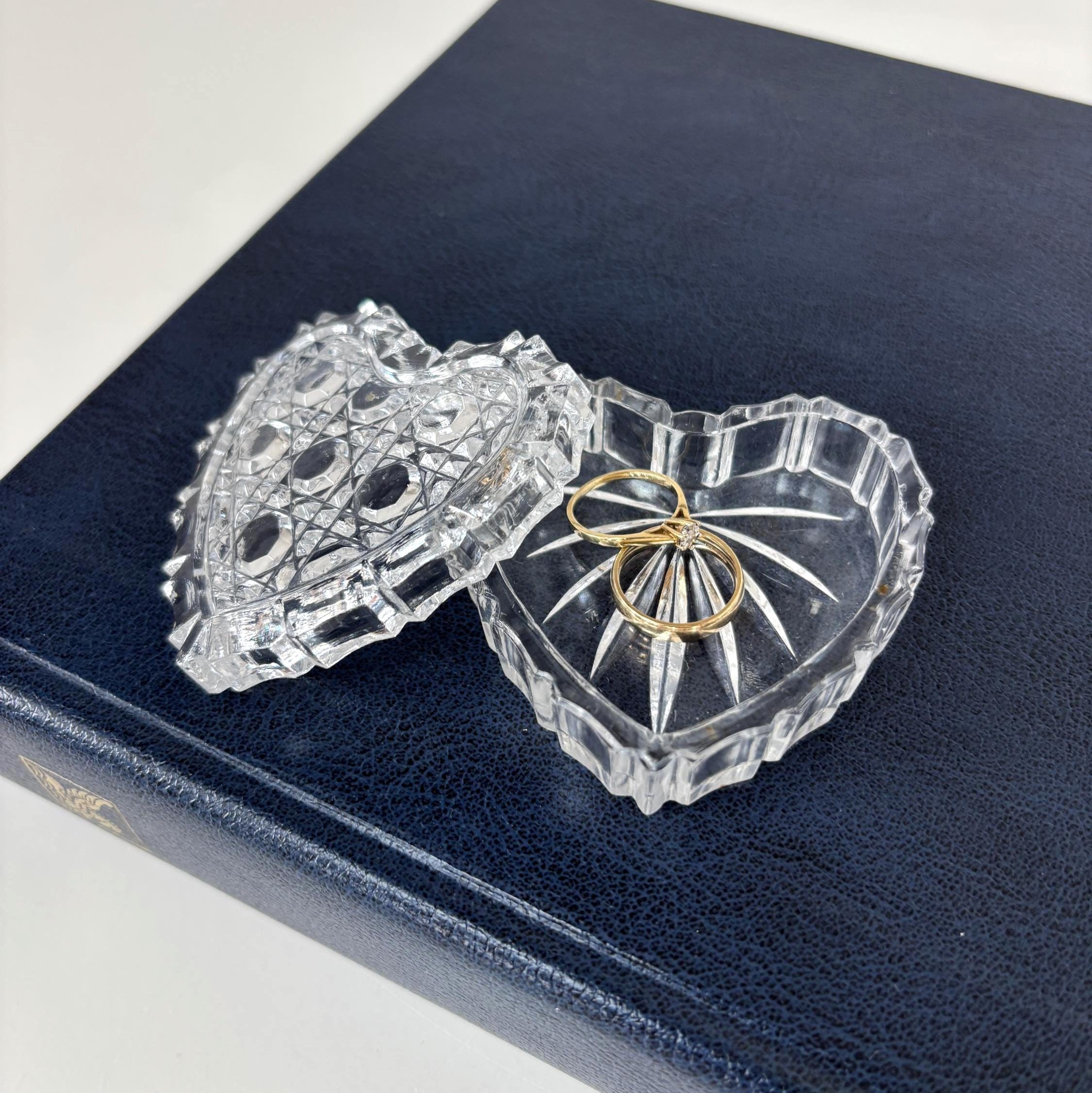 Vintage Heart Shaped Lead Crystal Trinket Box Cut Glass Jewelry Box Ring Holder Gift