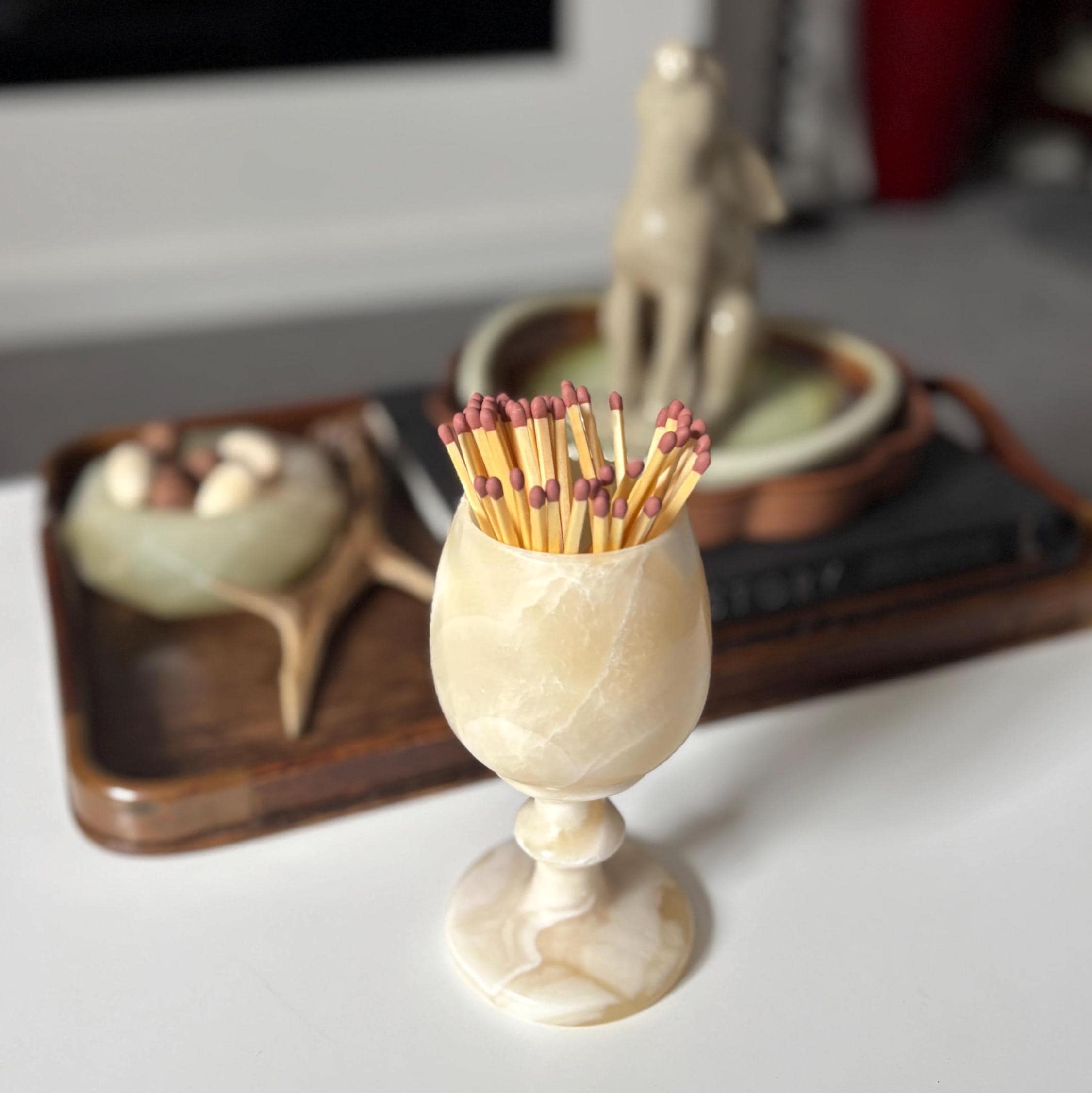 Vintage Onyx Goblet Cup Small Marble Stone Vase Toothpick Holder Decor