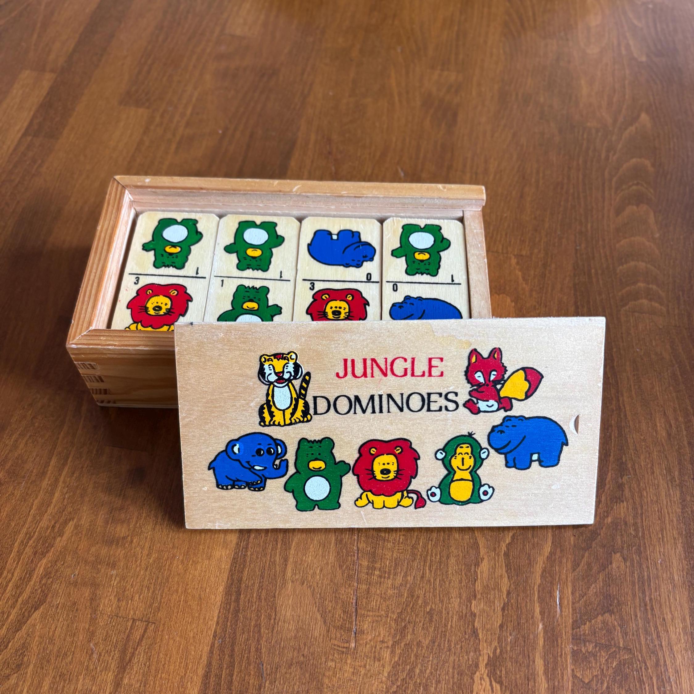 Vintage Wooden Jungle Dominoes Game | Animal Picture Dominoes in Sliding Box | Children’s Toy