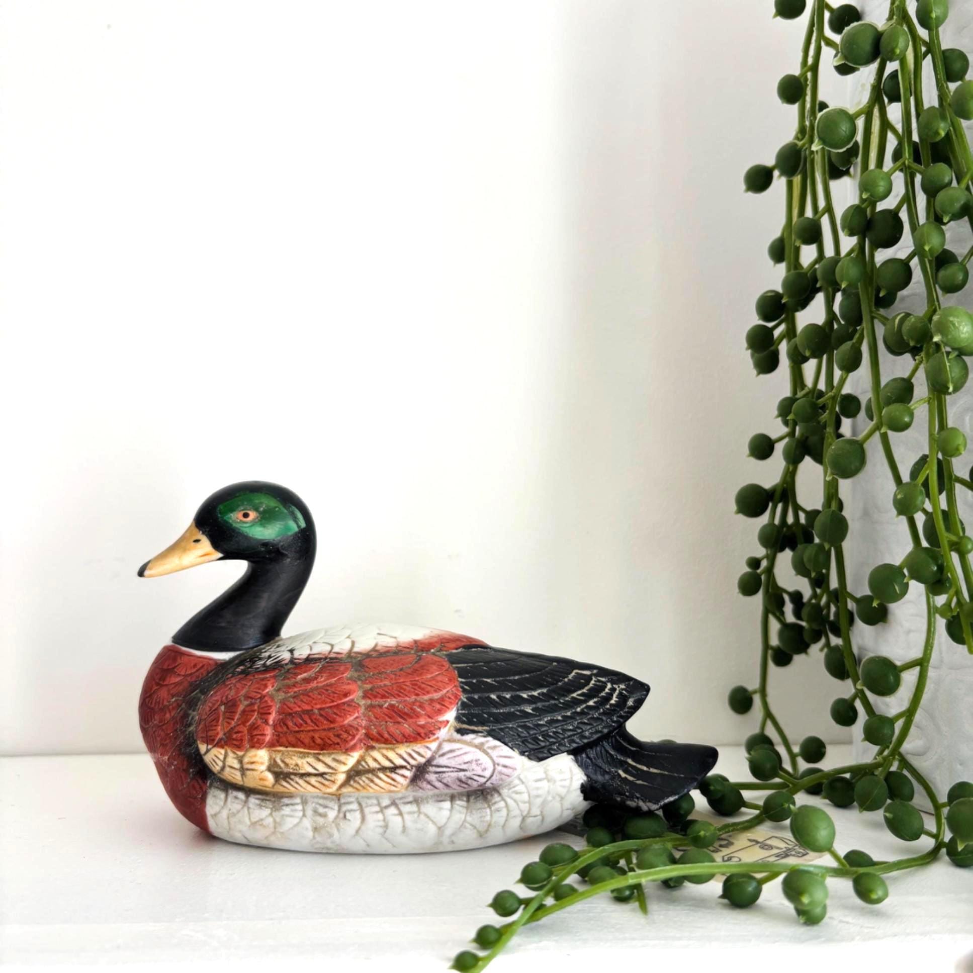 Vintage Ceramic Duck Figurine | Hand-Painted Mallard Style Ornament | Rustic Country Cottage Decor