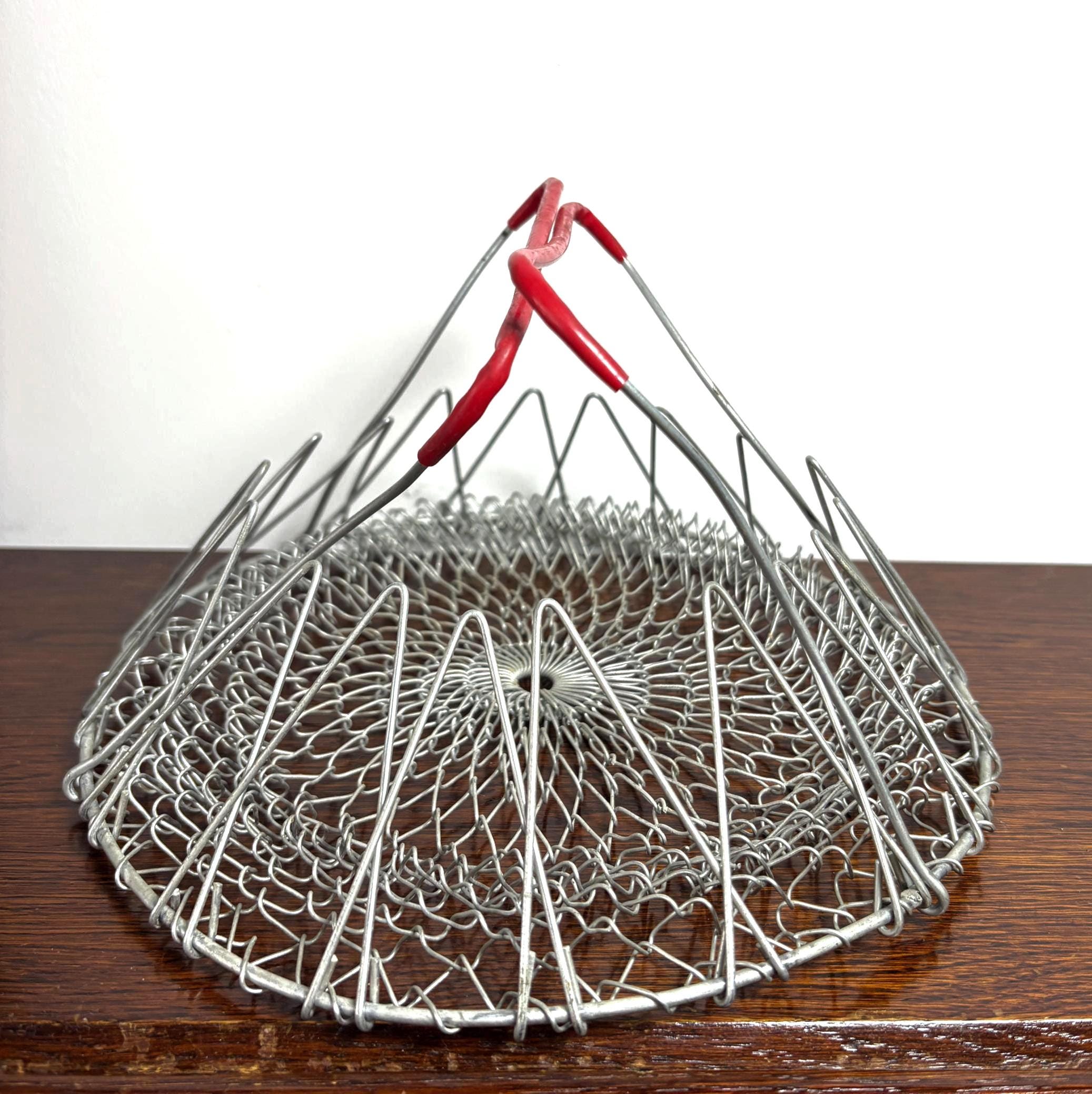 Vintage Collapsible Wire Egg Basket with Red Handle French Style Folding Market Basket