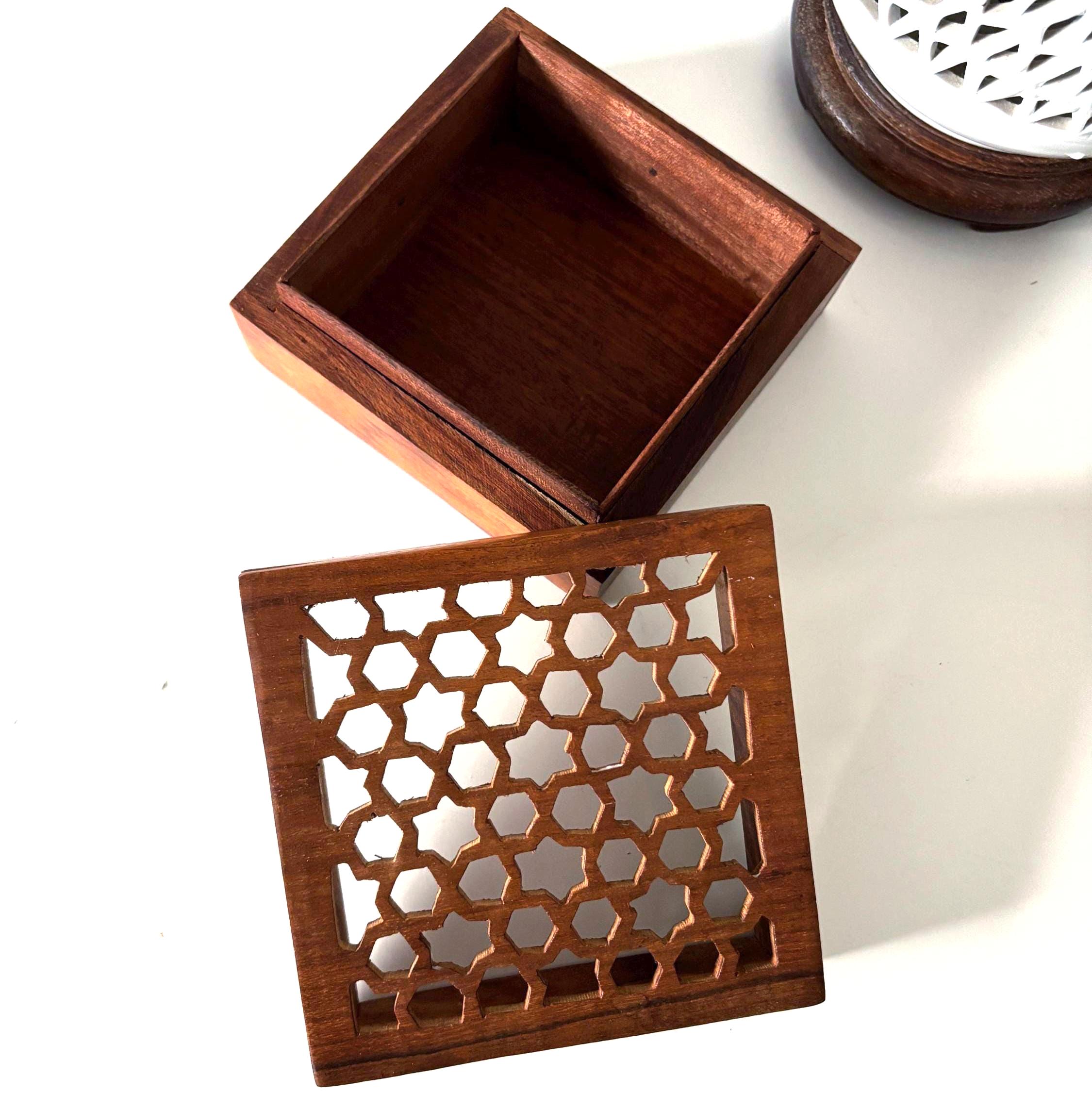Vintage Hand Carved Wooden Trinket Box with Geometric Lattice Lid, Decorative Storage