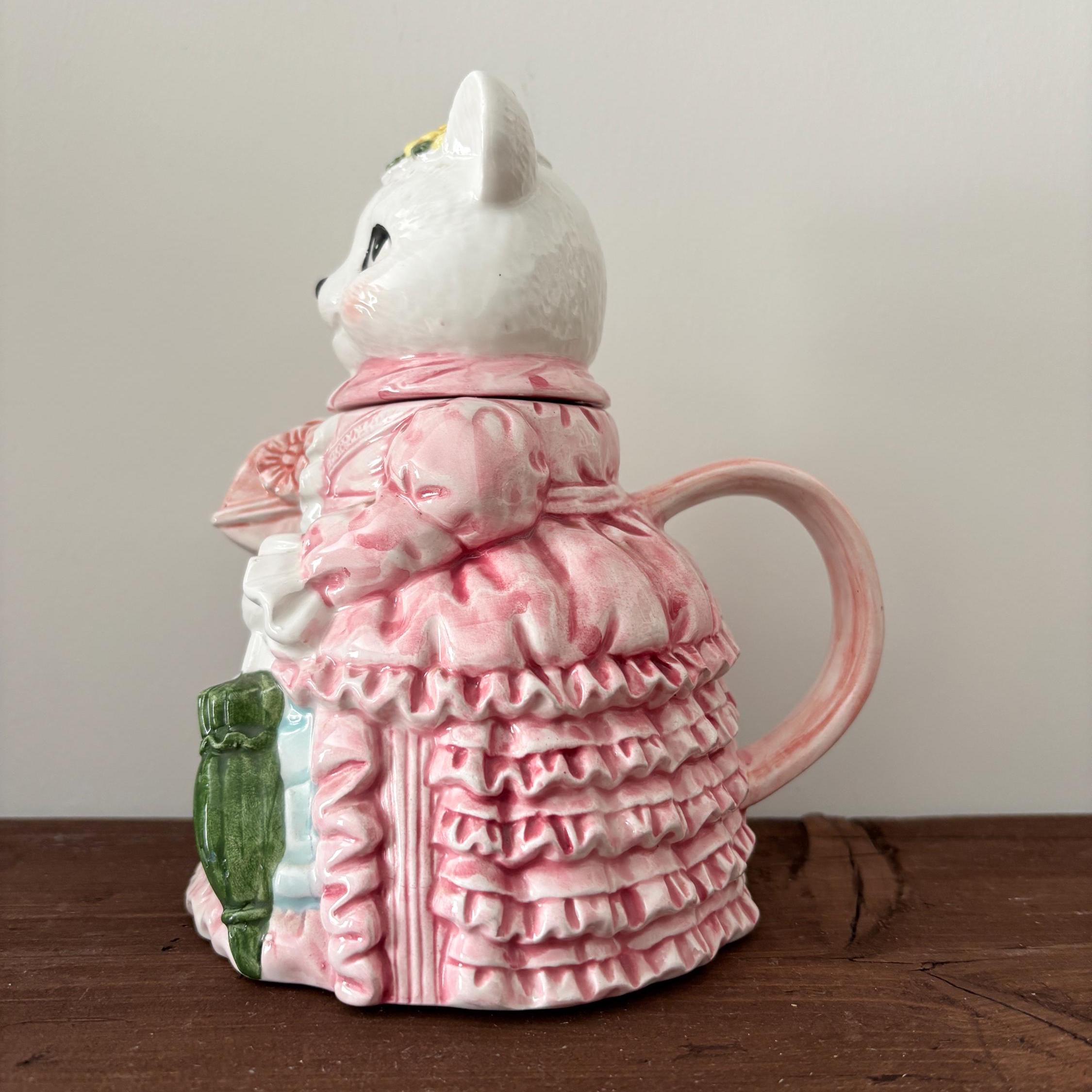 Vintage Ceramic Cat Teapot Victorian Lady Kitty Coffee Pot Pink Novelty Collectible Decor
