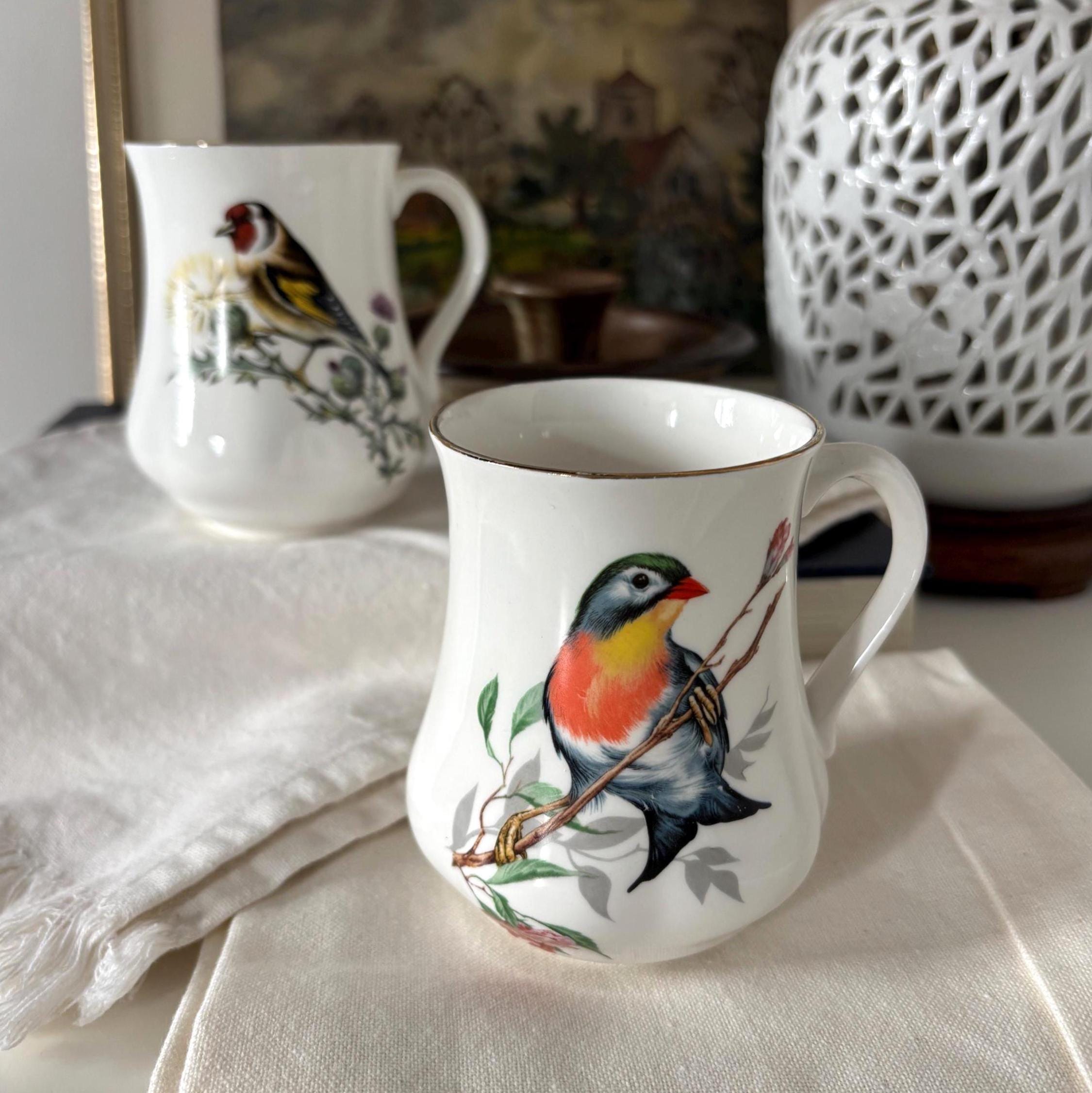 Vintage Bone China Bird Mugs Pair England Goldfinch Robin Tea Coffee Cups