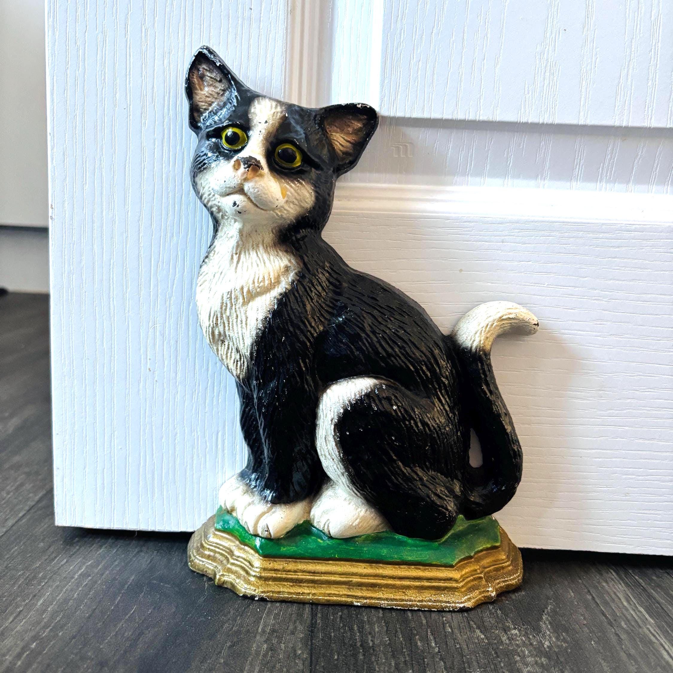Cast Iron Tuxedo Cat Doorstop Black White Heavy Vintage Farmhouse Animal Decor Ornament