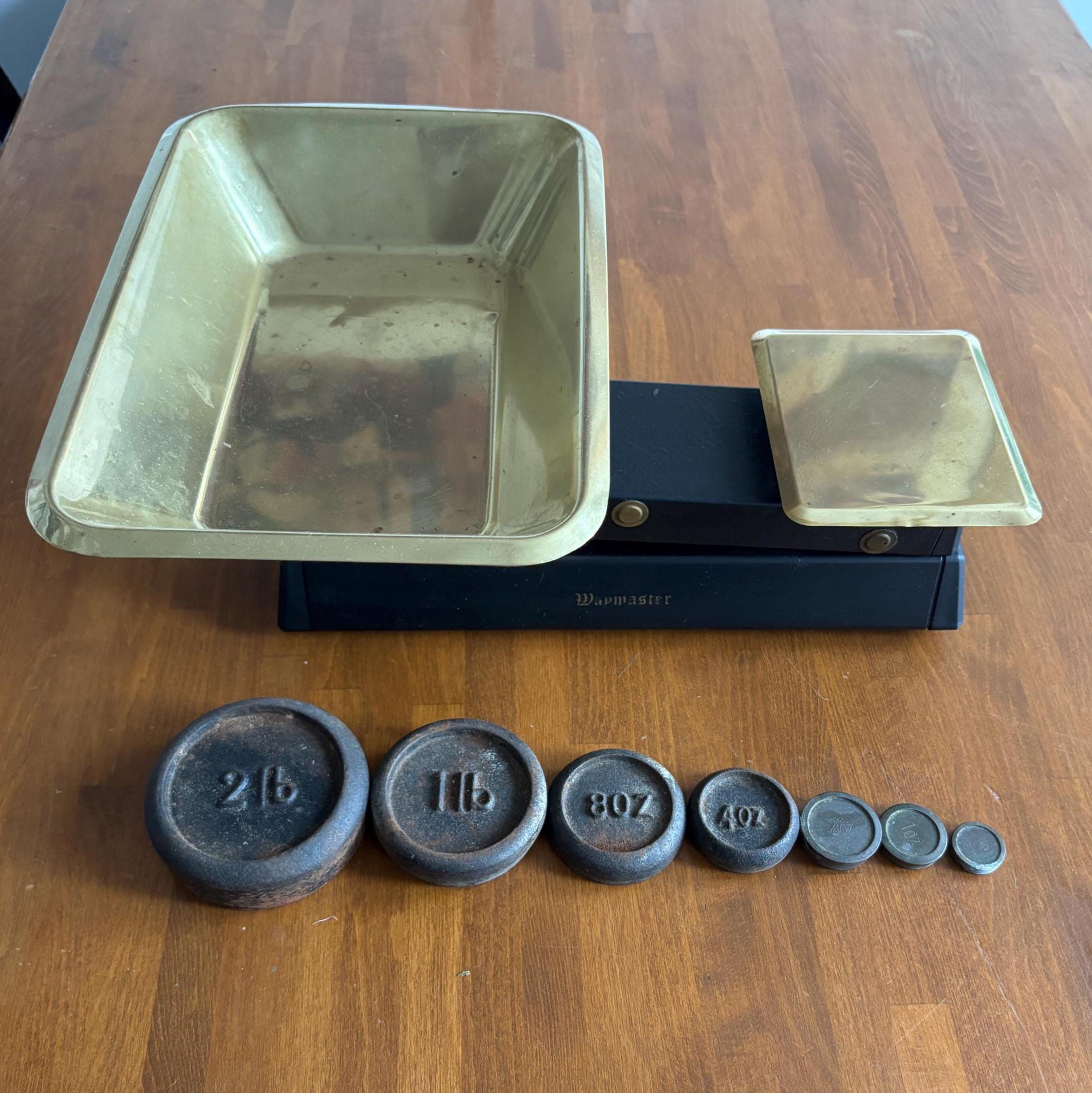 Vintage Waymaster Kitchen Scales with Brass Pan & 7 Original Weights
