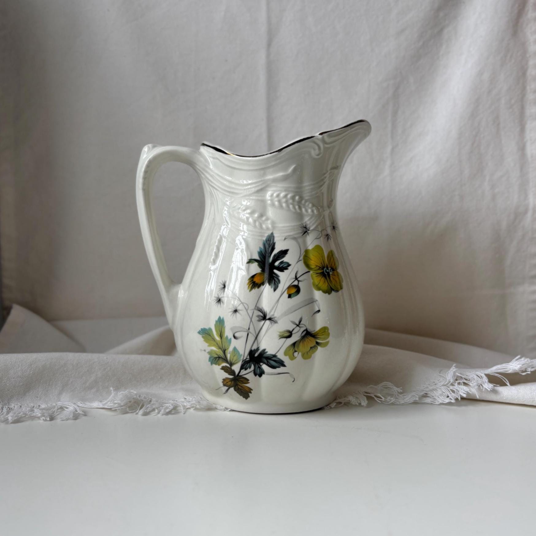 Vintage Royal Crownford Ironstone Pitcher: Yellow Floral & Wheat Design