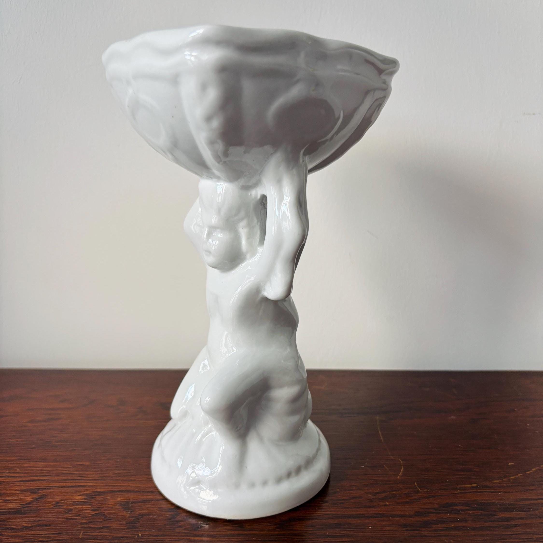 Vintage White Cherub Pedestal Planter Bowl, Putti Column Vase, Neoclassical Hollywood Regency Decor Centerpiece
