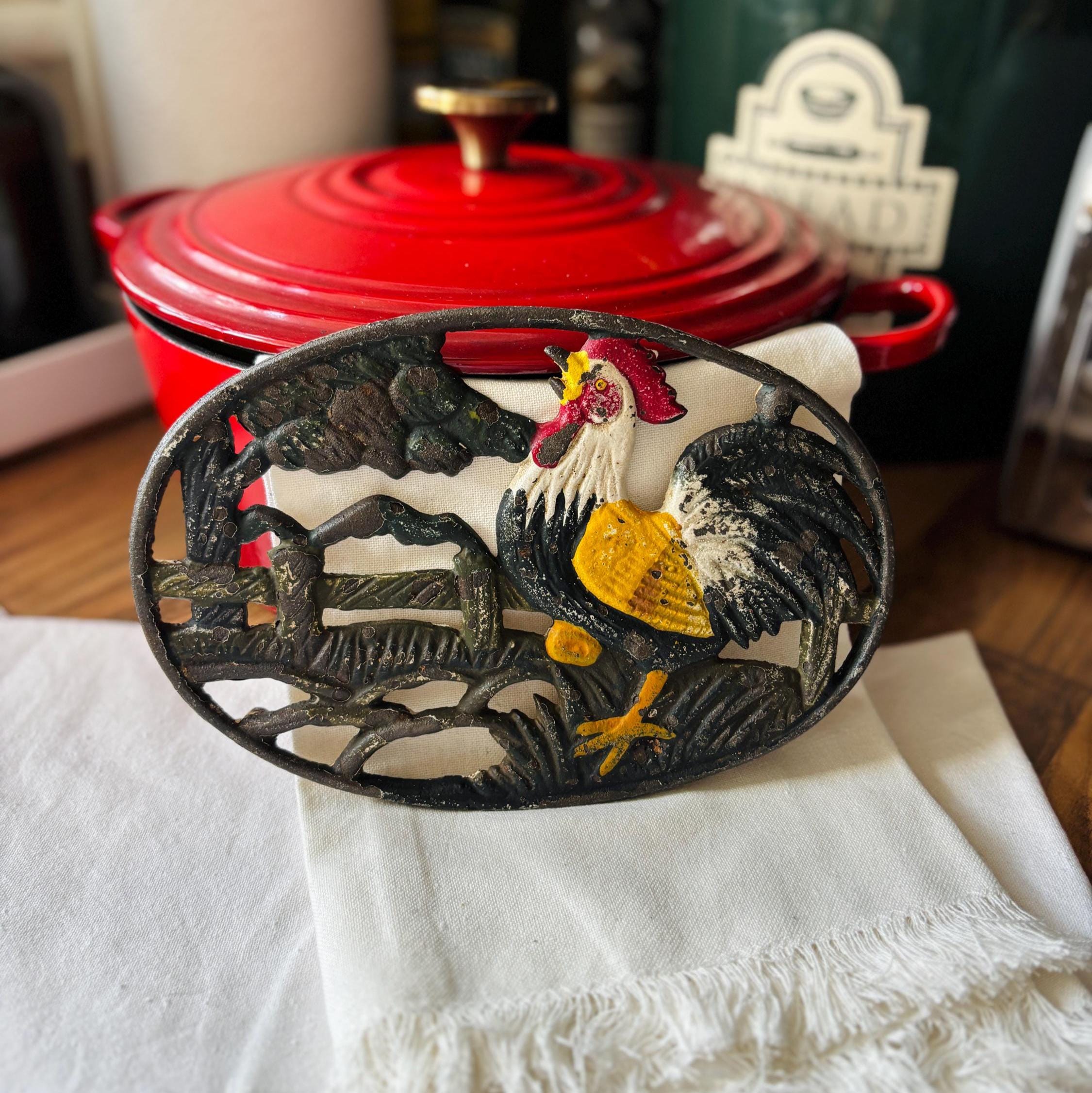 Vintage Cast Iron Rooster Trivet Farmhouse Kitchen Decor Rustic Pan Stand Country Style