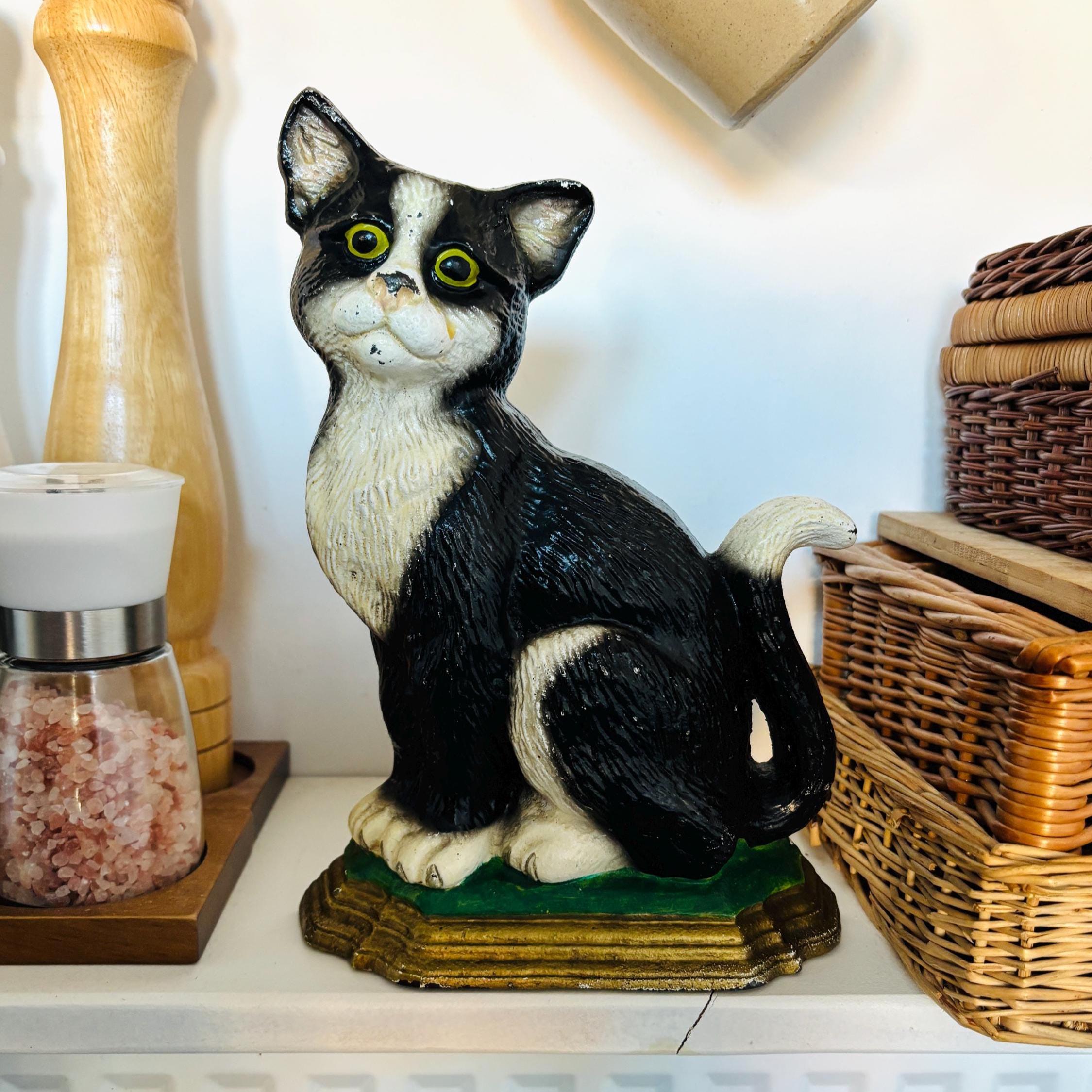 Cast Iron Tuxedo Cat Doorstop Black White Heavy Vintage Farmhouse Animal Decor Ornament