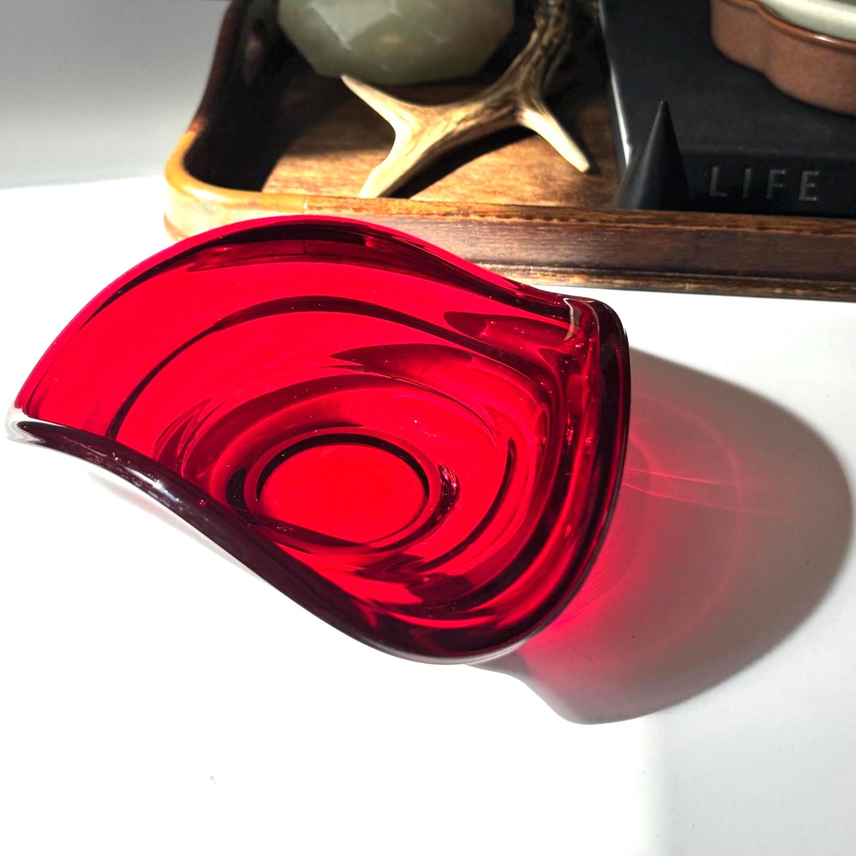 Vintage Ruby Red Art Glass Bowl Freeform Mid Century Scandinavian Style Dish