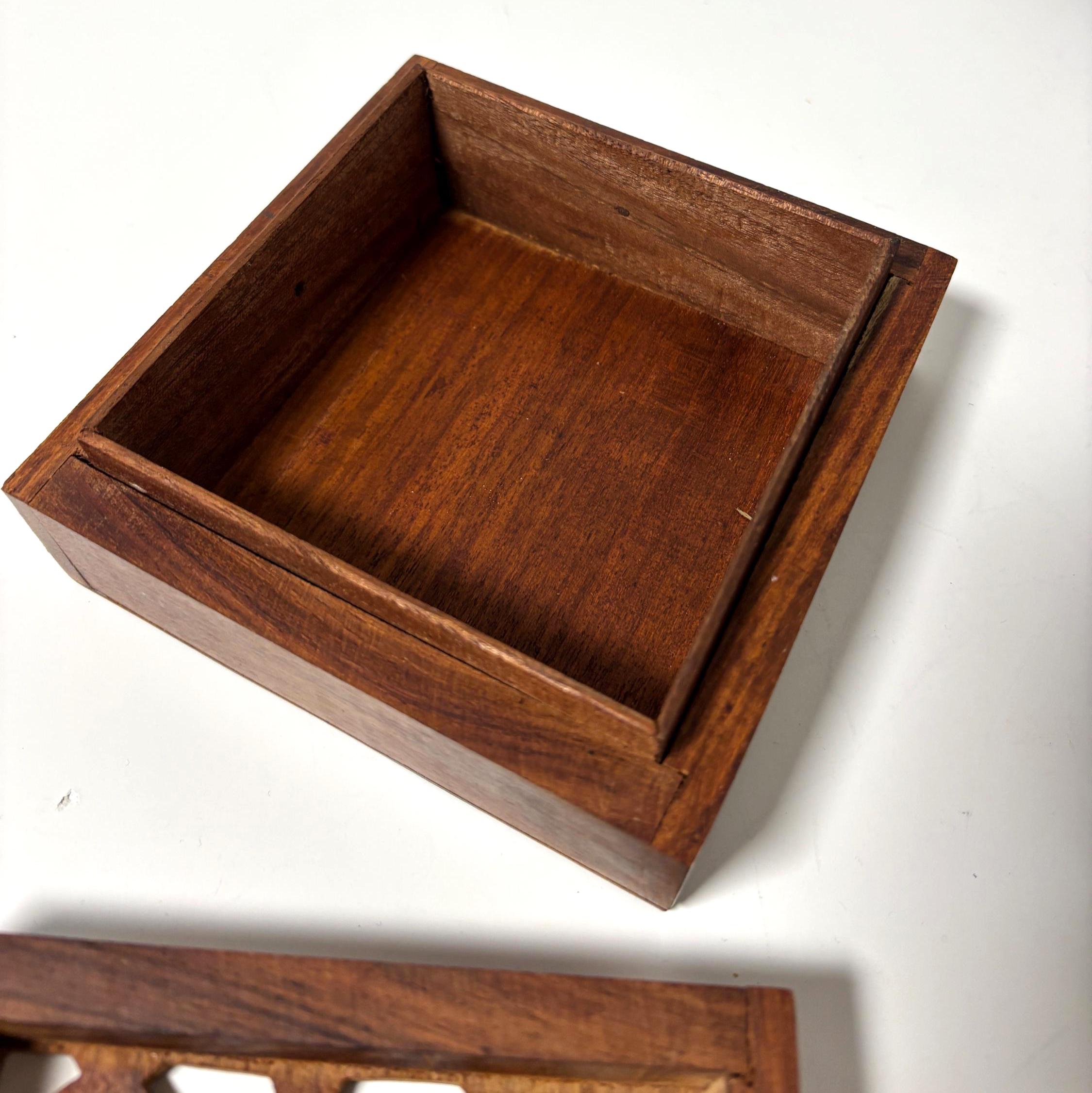 Vintage Hand Carved Wooden Trinket Box with Geometric Lattice Lid, Decorative Storage