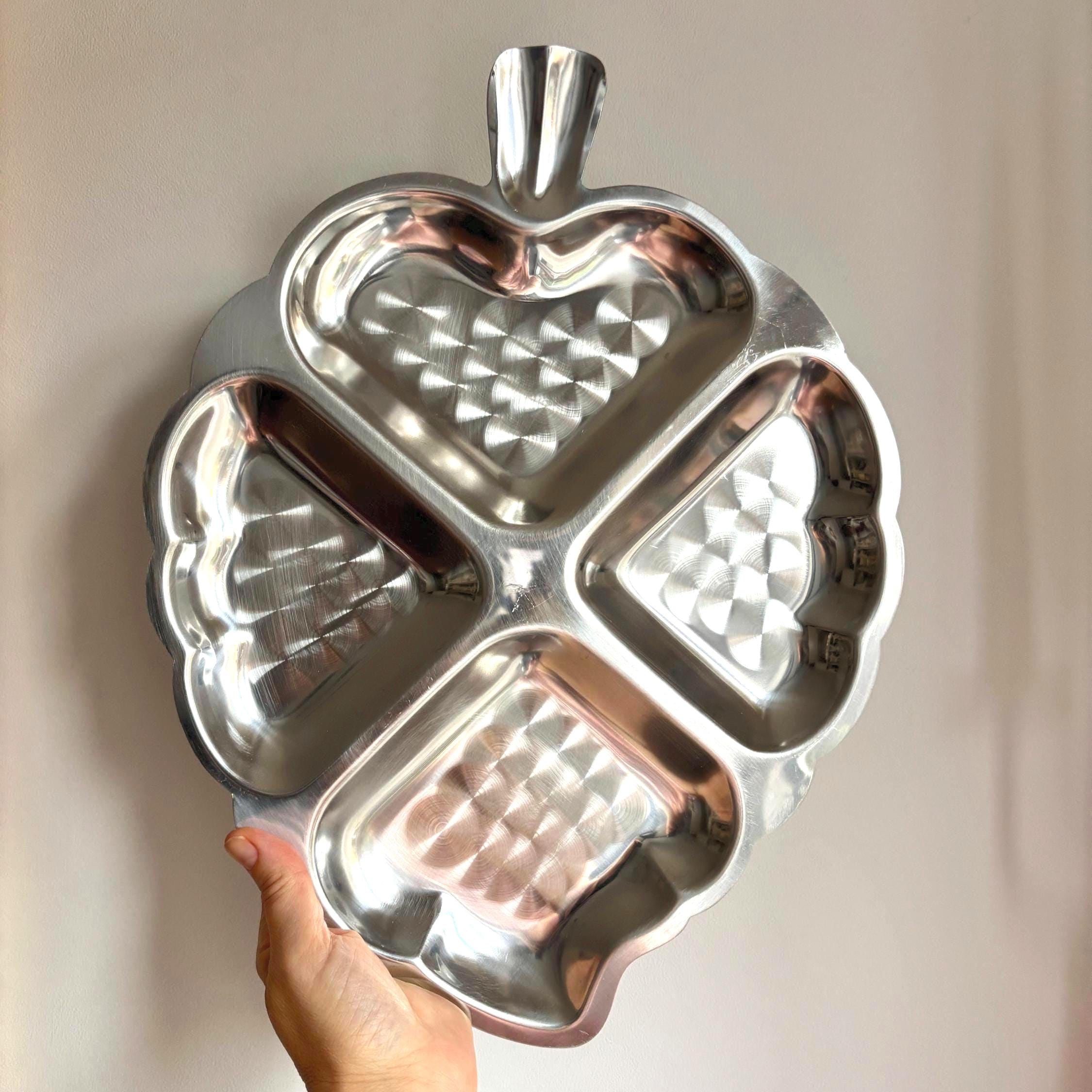Vintage Leaf-Shaped Divided Serving Platter | 18/8 Stainless Steel | 4 Sections