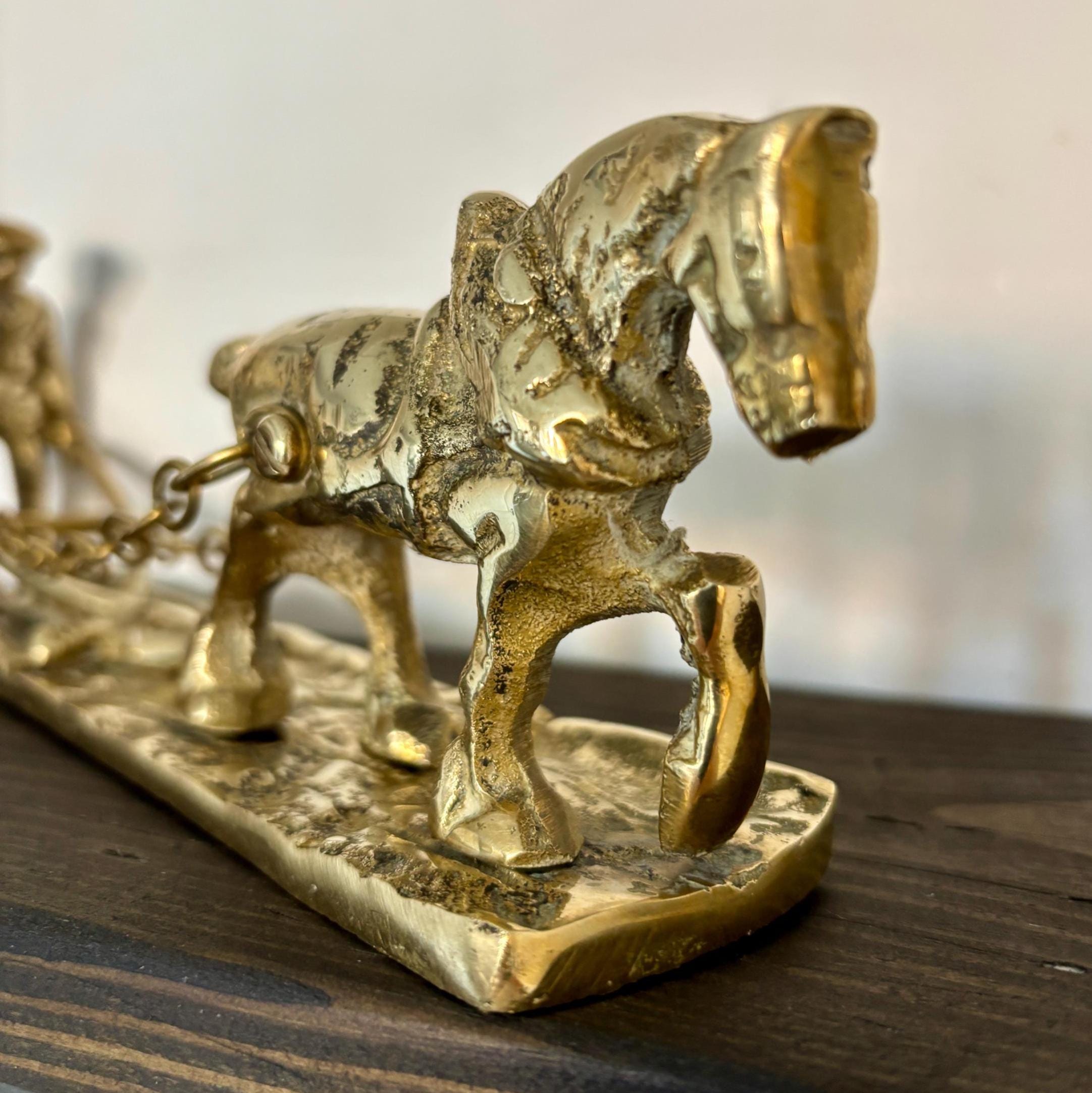 Vintage Solid Brass Horse Plough Sculpture Rustic Farm Decor Country Home Figurine