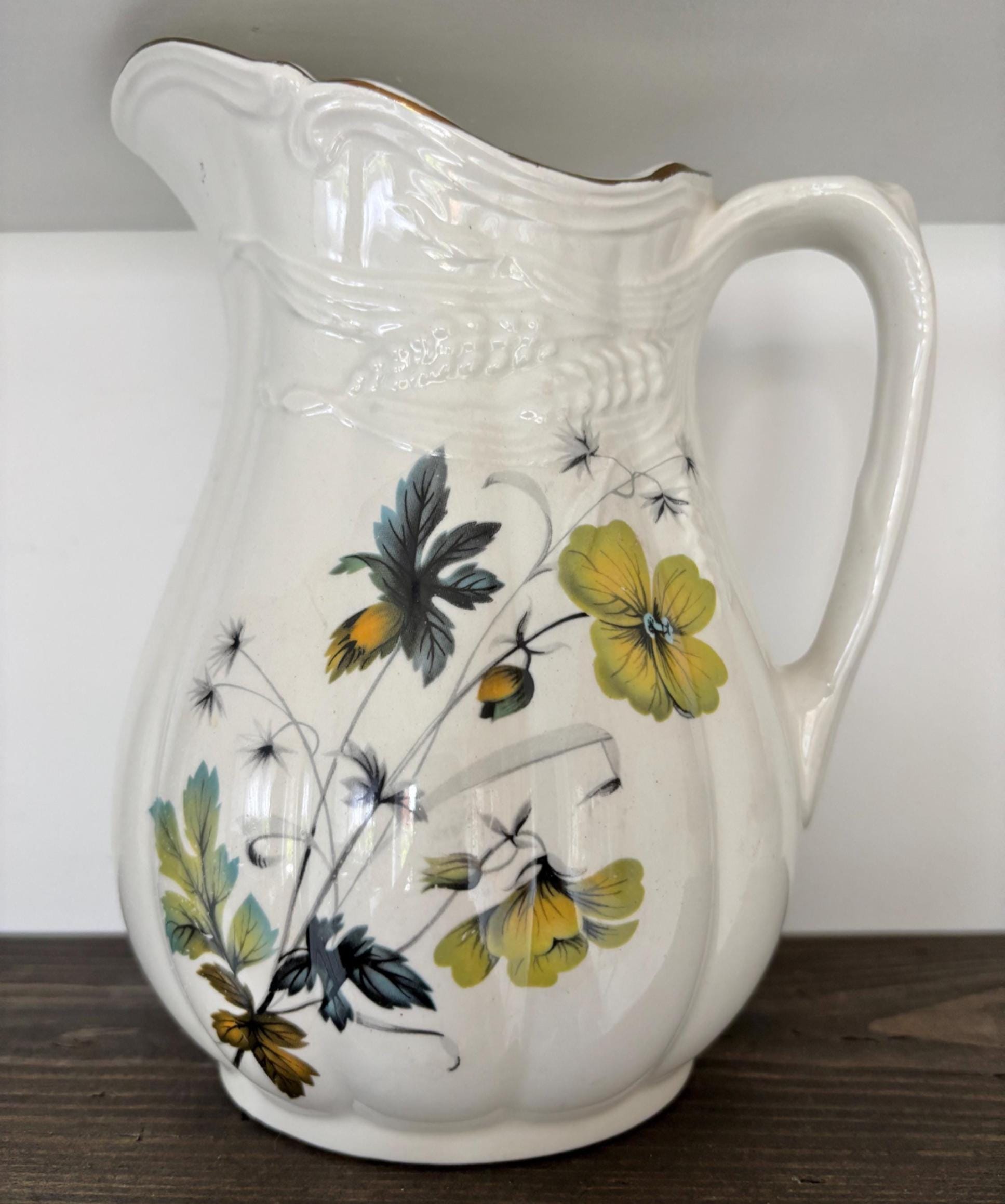 Vintage Royal Crownford Ironstone Pitcher: Yellow Floral & Wheat Design