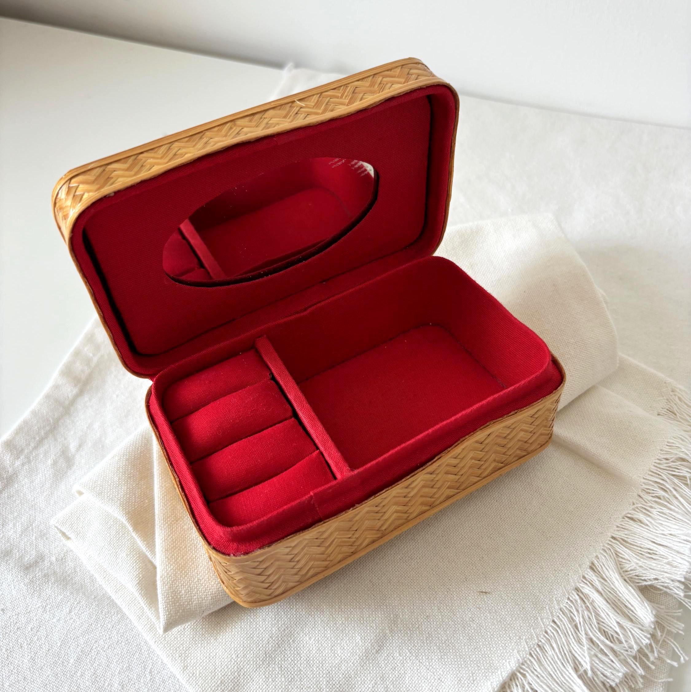 Vintage Chinese Bamboo Jewellery Box Red Velvet Interior Trinket Box With Mirror