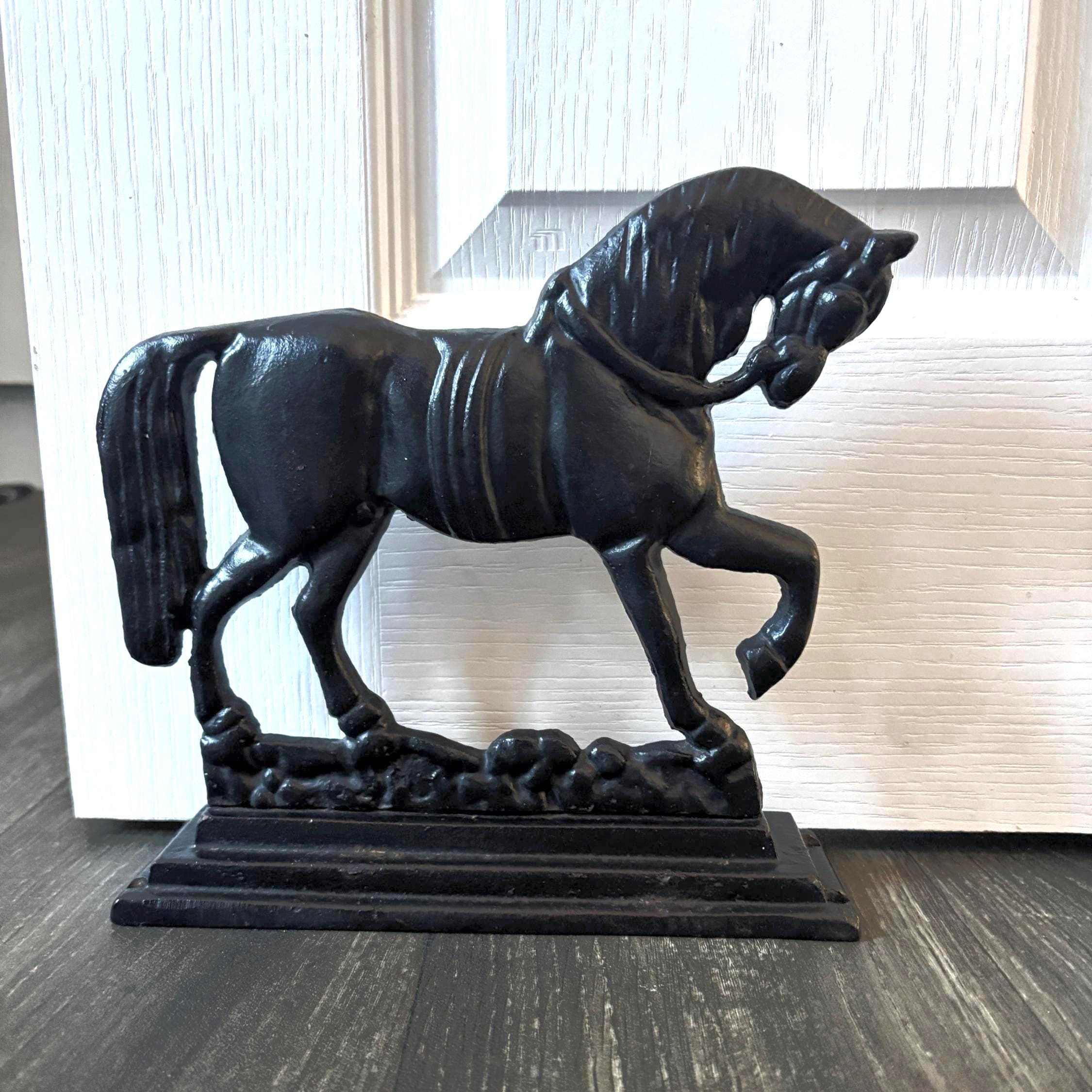 Vintage Cast Iron Prancing Horse Doorstop Black Equestrian Farmhouse Country Decor Heavy
