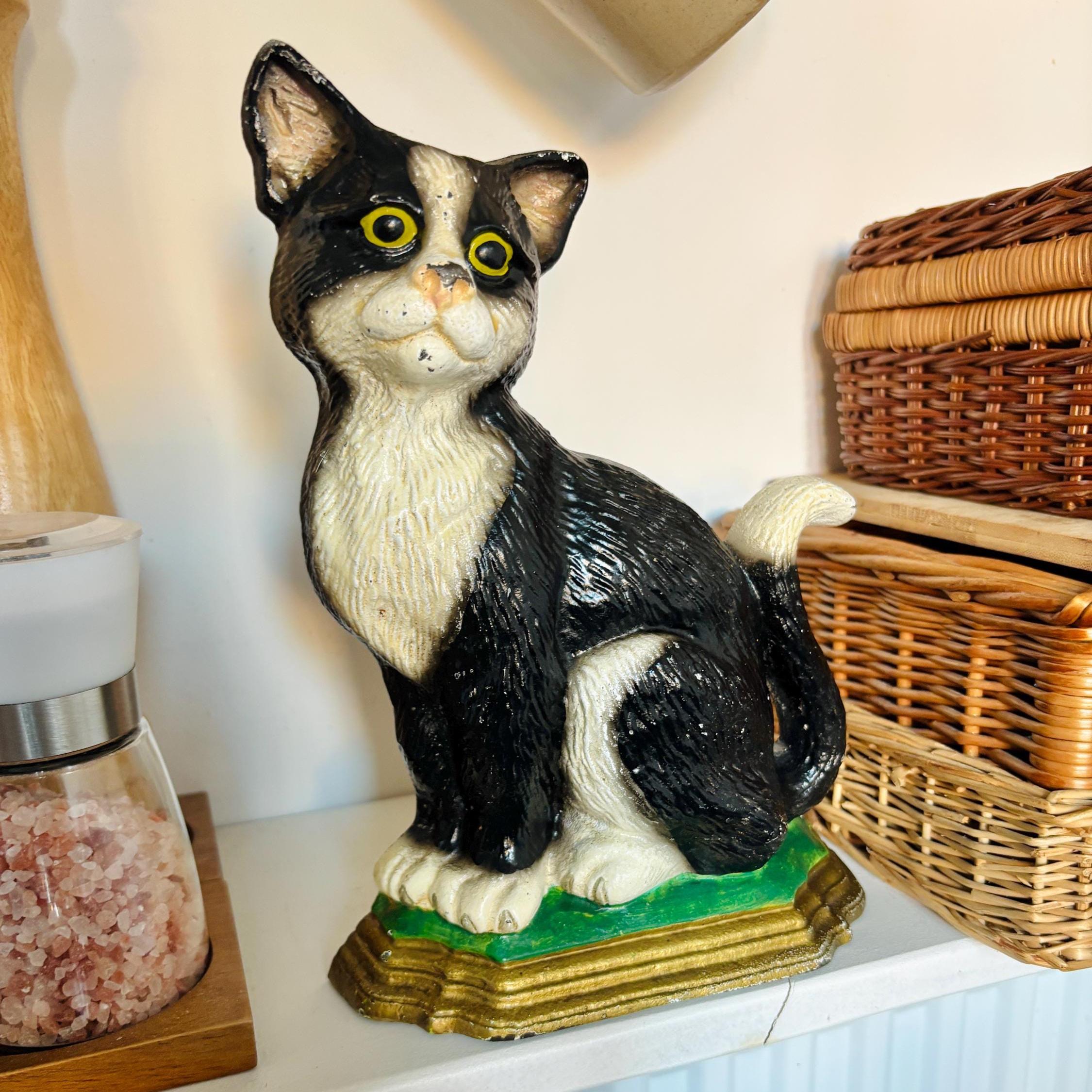 Cast Iron Tuxedo Cat Doorstop Black White Heavy Vintage Farmhouse Animal Decor Ornament