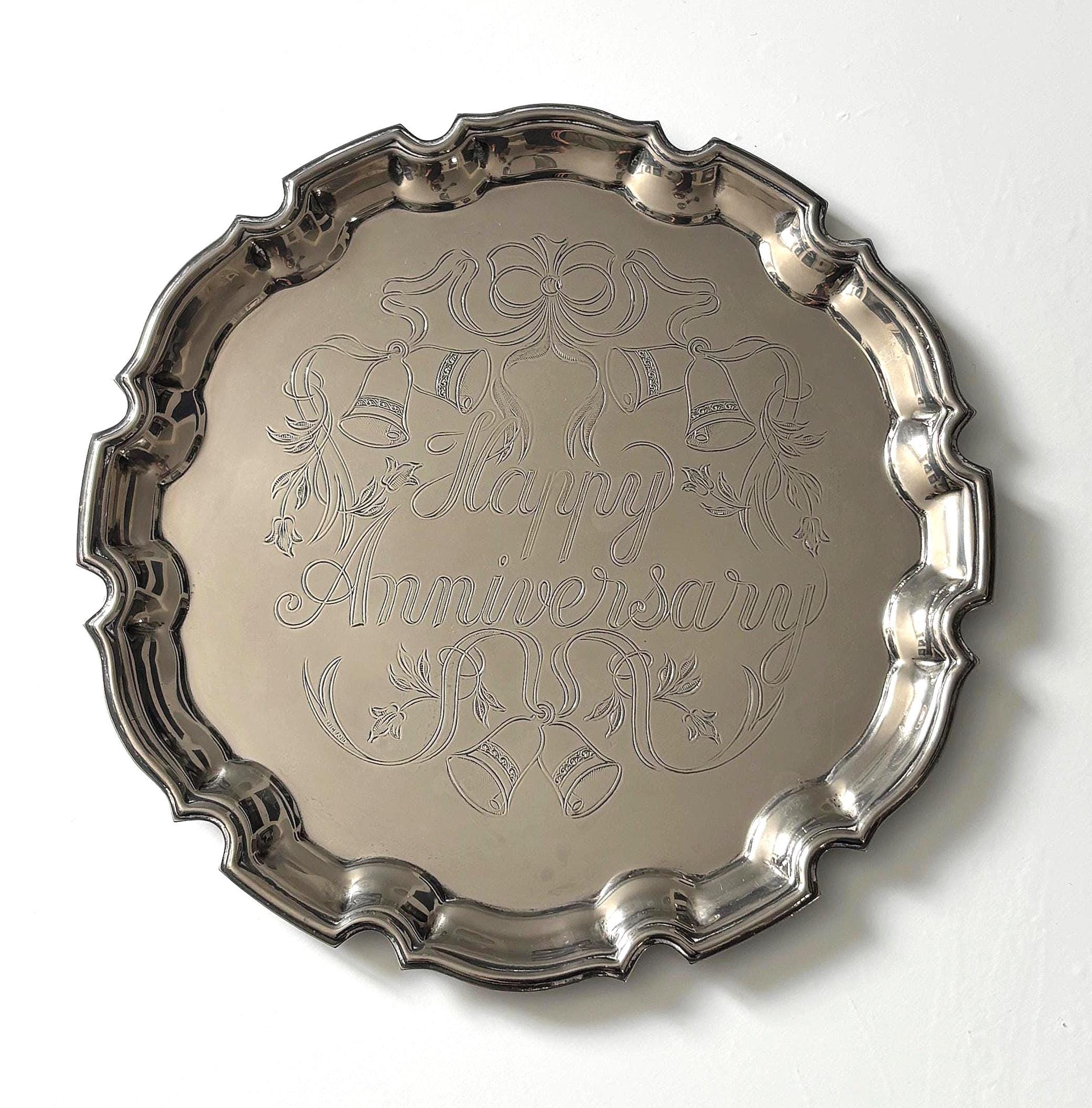 Vintage Cavalier Silver Plated Happy Anniversary Tray – Made in England – Decorative Wedding Bells Tray