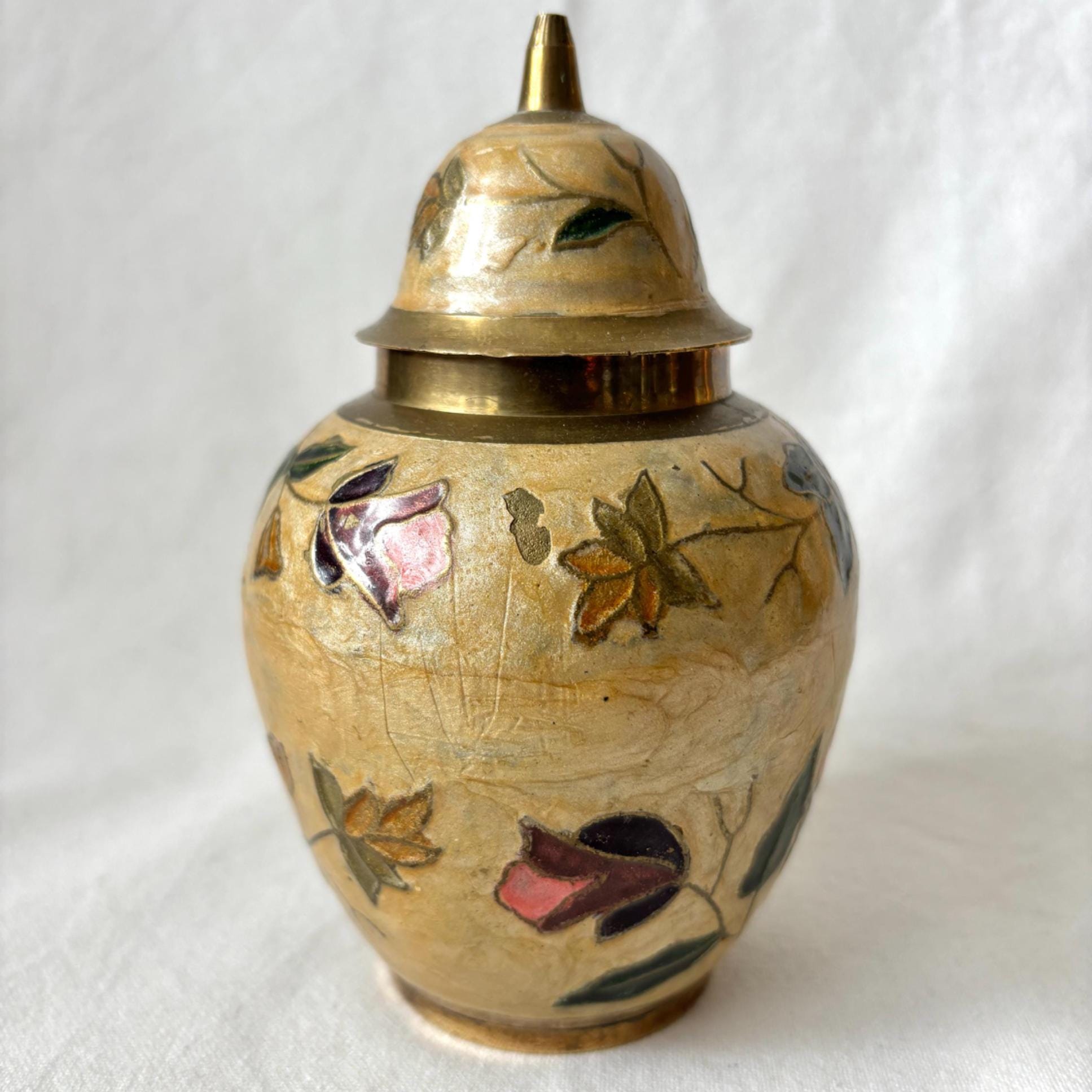 Vintage Brass Cloisonné Ginger Jar: Hand-Painted Floral Enamel