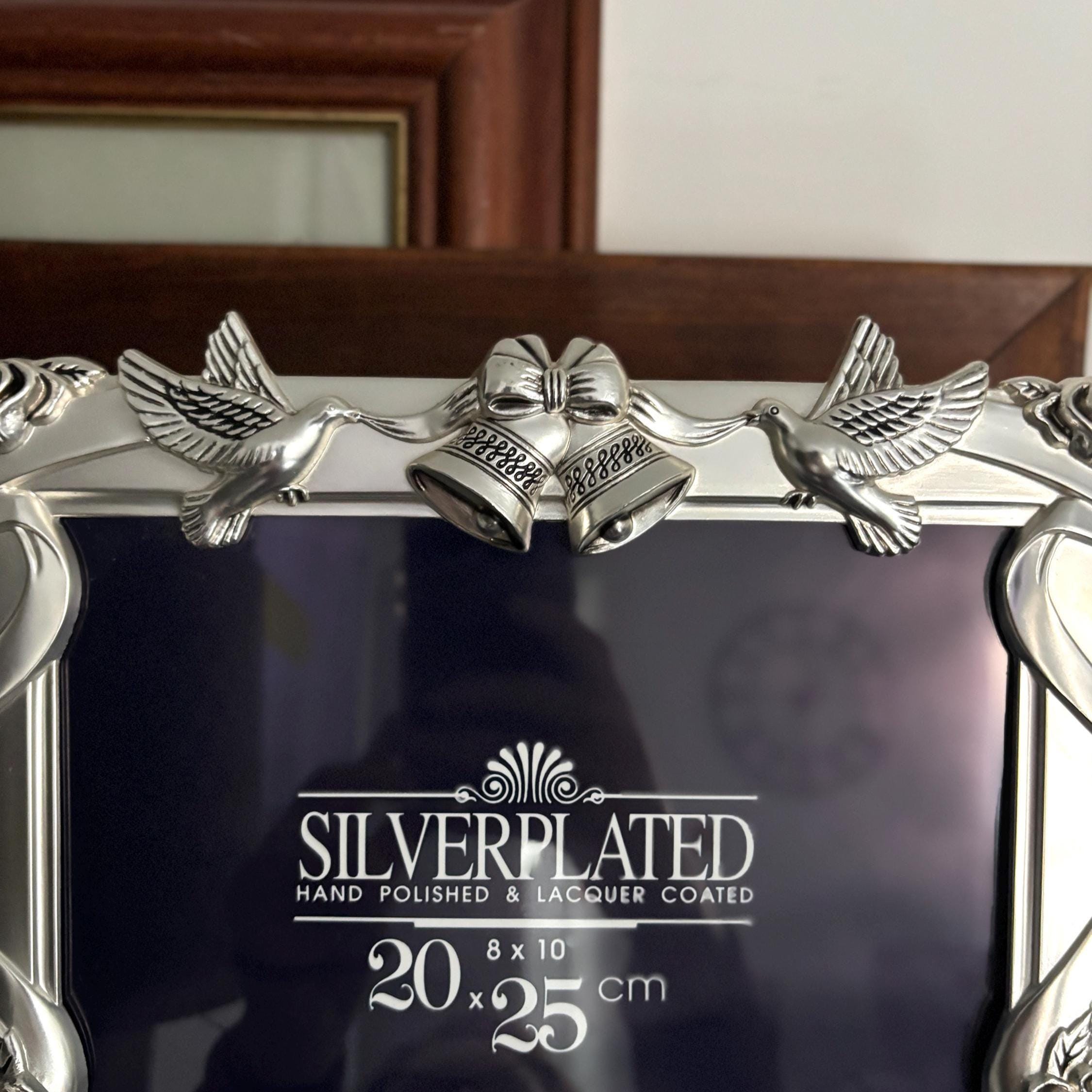 Silver-Plated Wedding Photo Frame 8×10" | Doves, Bells & Roses | Lacquered Anti-Tarnish