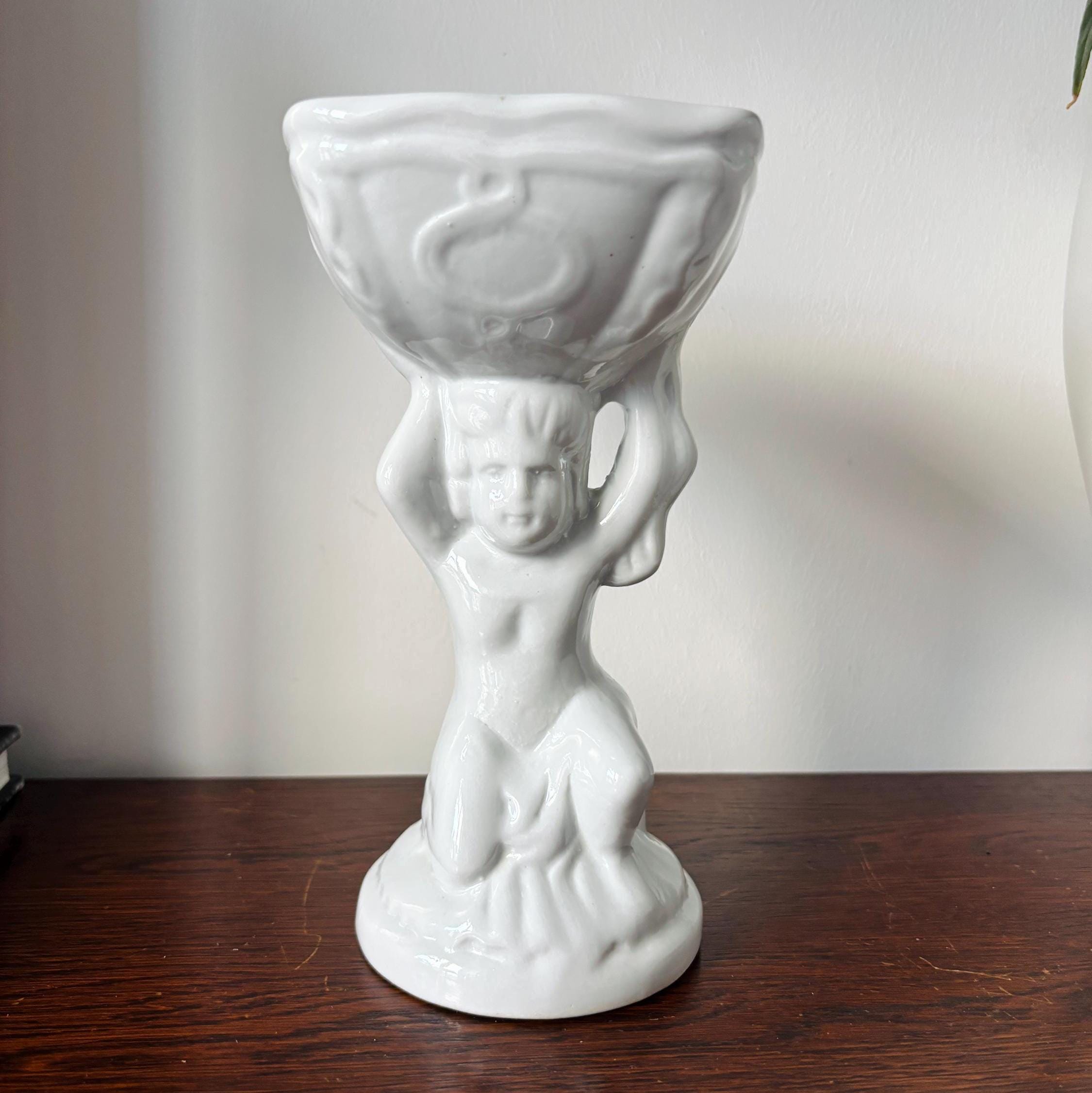 Vintage White Cherub Pedestal Planter Bowl, Putti Column Vase, Neoclassical Hollywood Regency Decor Centerpiece